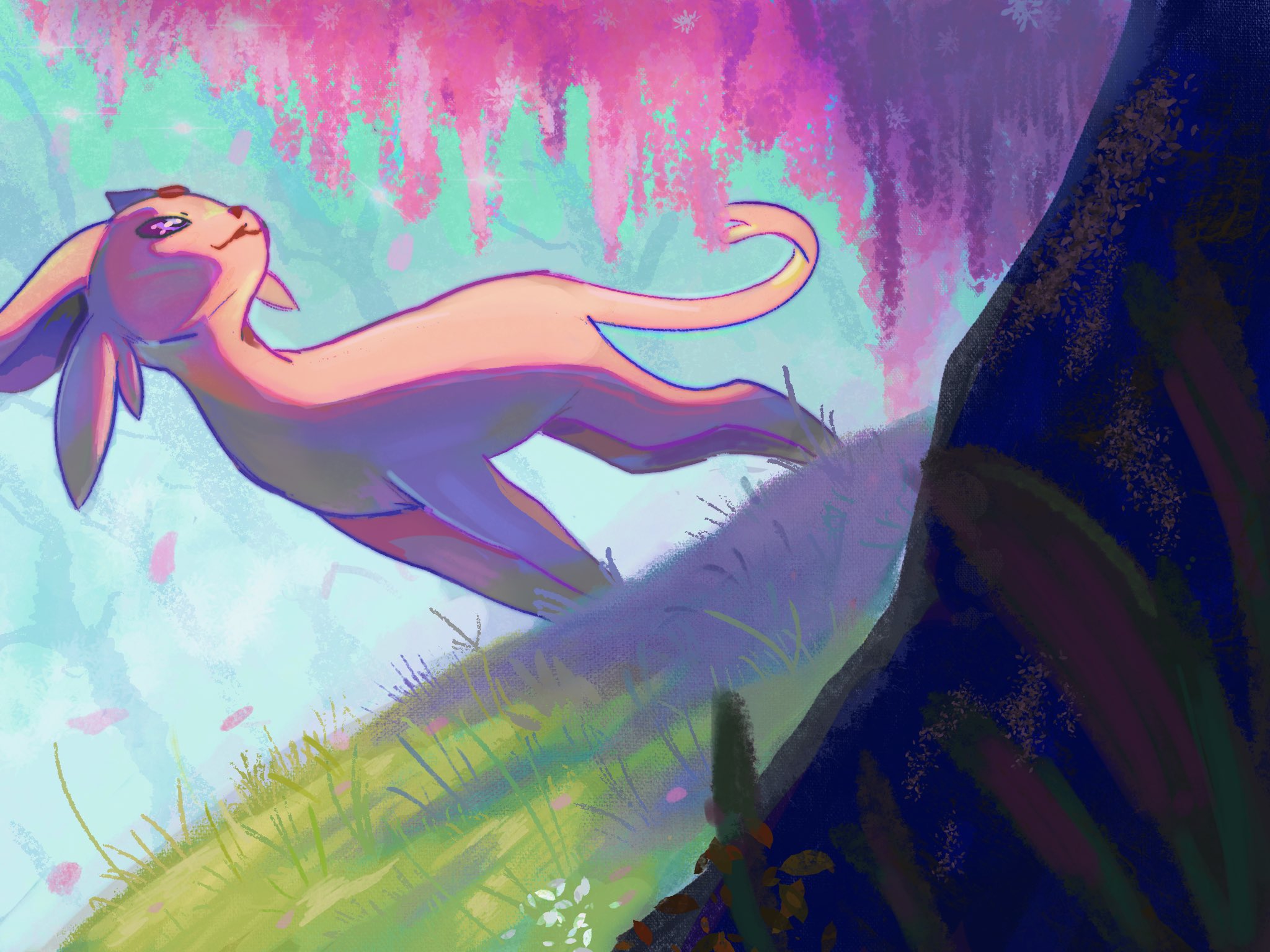 opryee, espeon, nintendo, pokemon, highres, animal focus, blue sky, closed mouth, colored sclera, forehead jewel, forked tail, gem, gen 2 pokemon, grass, no humans, outdoors, petals, pokemon (creature), pokemon focus, purple eyes, purple fur, purple sclera, red gemstone, sky, smile, solo, tail, tree