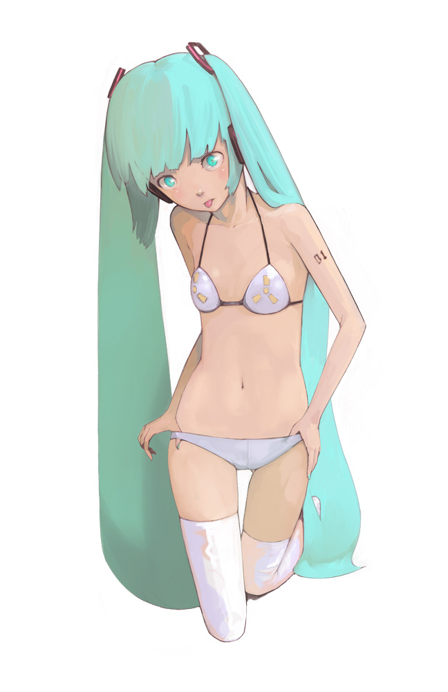 guitar (guitars), hatsune miku, vocaloid, 1girl, :p, aqua eyes, aqua hair, bikini, female focus, kneeling, long hair, lowleg, lowleg bikini, radiation symbol, solo, string bikini, swimsuit, thighhighs, tongue, tongue out, twintails, white bikini