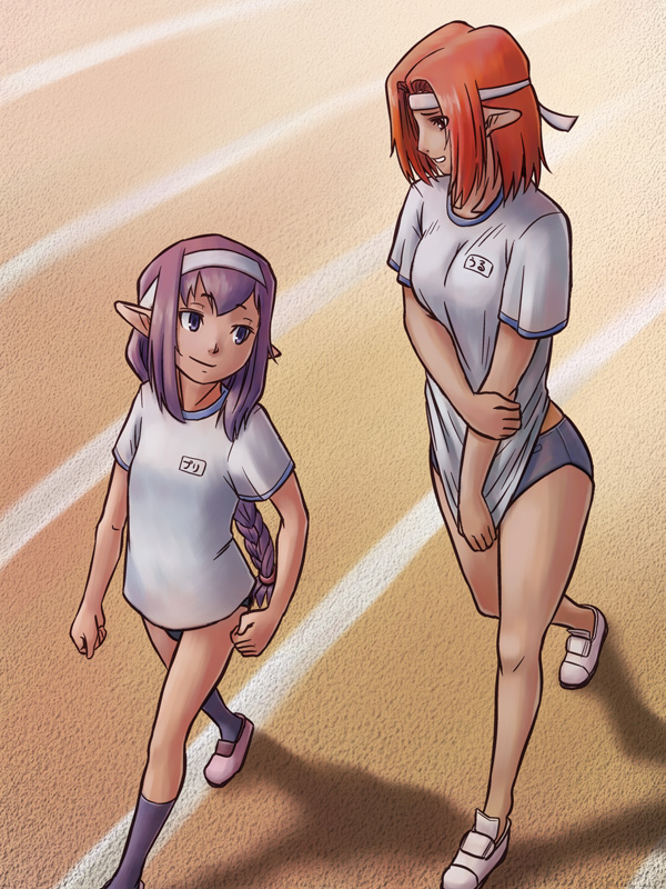 tara baka ni, elvaan, prishe, ulmia, final fantasy, final fantasy xi, 00s, 2girls, brown eyes, buruma, elf, headband, long hair, multiple girls, pointy ears, ponytail, purple eyes, purple hair, red hair, running track, shirt tug, short hair, track and field, walking