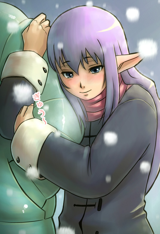 tara baka ni, elvaan, prishe, final fantasy, final fantasy xi, 00s, 1girl, arm hug, blush, elf, grey eyes, happy, hug, pointy ears, purple hair, solo focus