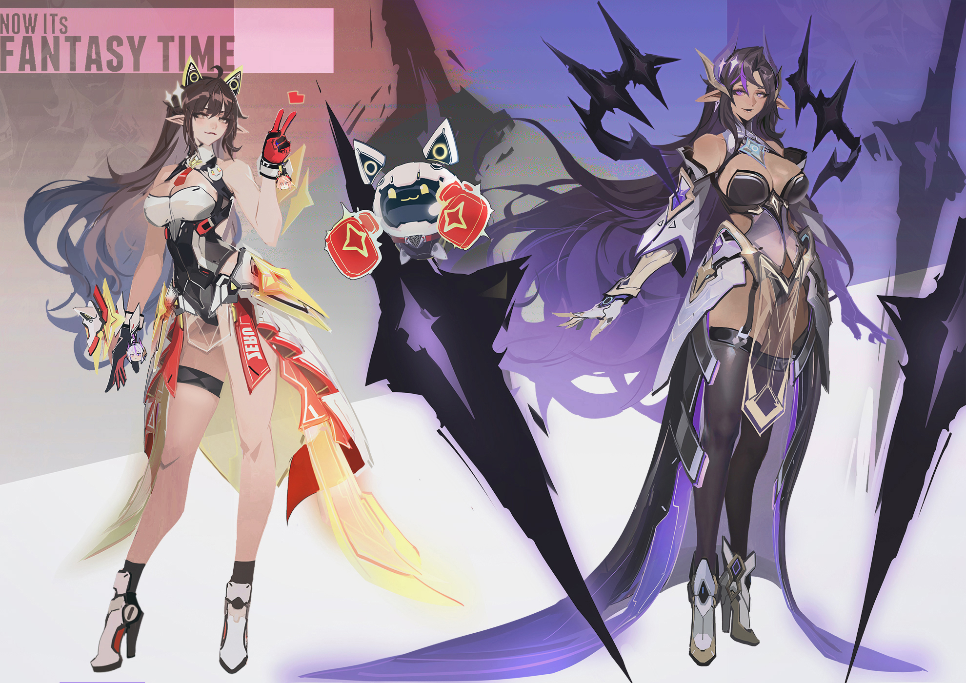 smjim1986, mobile legends: bang bang, highres, 2girls, animal ears, ankle boots, black garter straps, black gloves, black leotard, black thighhighs, boots, breasts, brown hair, cleavage, contrapposto, dark-skinned female, dark elf, dark skin, dress, elf, fake animal ears, full body, garter straps, gloves, high heel boots, high heels, large breasts, leotard, long dress, multicolored leotard, multiple girls, pointy ears, red gloves, showgirl skirt, thigh strap, thighhighs, two-tone gloves, two-tone leotard, white boots, white leotard