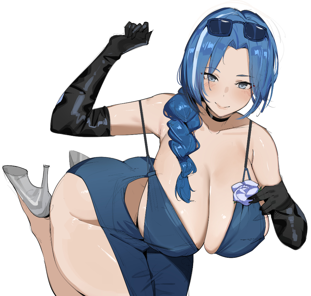 dr octojuice, dp-12 (girls' frontline), helen (girls' frontline 2), girls' frontline, girls' frontline 2: exilium, 1girl, ass, blue eyes, blue hair, breasts, dress, evening gown, halter dress, halterneck, helen (starlit waltz) (girls' frontline 2), huge breasts, official alternate costume, simple background, smile, solo, white background