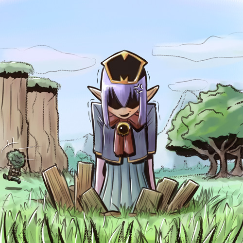 elvaan, prishe, final fantasy, final fantasy xi, lowres, 00s, 1boy, 1girl, angry, blush, elf, long hair, outdoors, pointy ears, purple hair, tarutaru, trapped