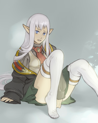 elvaan, prishe, final fantasy, final fantasy xi, lowres, 00s, 1girl, blue eyes, blush, elf, female focus, gradient background, long hair, pointy ears, purple hair, skirt, skirt tug, solo, thighhighs