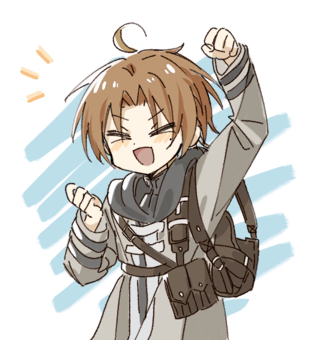 ringori84372911, rudeus greyrat, mushoku tensei, 1boy, ahoge, arms up, belt pouch, brown hair, closed eyes, happy, hood, hood down, mole, mole under eye, open mouth, pouch, simple background, solo