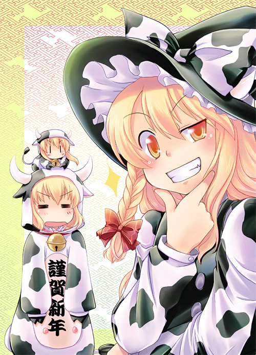 mikagami hiyori, alice margatroid, kirisame marisa, shanghai doll, touhou, translation request, 00s, 2009, 2girls, = =, animal ears, animal print, bell, blonde hair, bow, braid, costume, cow, cow ears, cow girl, cow print, cowbell, female focus, grin, hair bow, hair ribbon, hat, matching shanghai, multiple girls, new year, ribbon, smile, uneven eyes, yellow eyes, | |