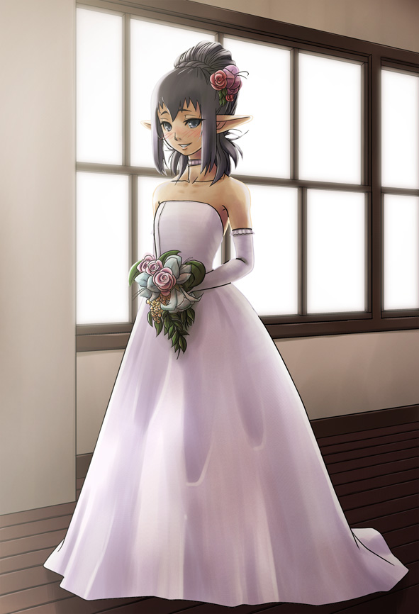 tara baka ni, elvaan, prishe, final fantasy, final fantasy xi, 00s, 1girl, bare shoulders, blush, bride, choker, collarbone, dress, elbow gloves, elf, female focus, flat chest, gloves, grey eyes, long hair, pointy ears, purple hair, smile, solo, wedding dress