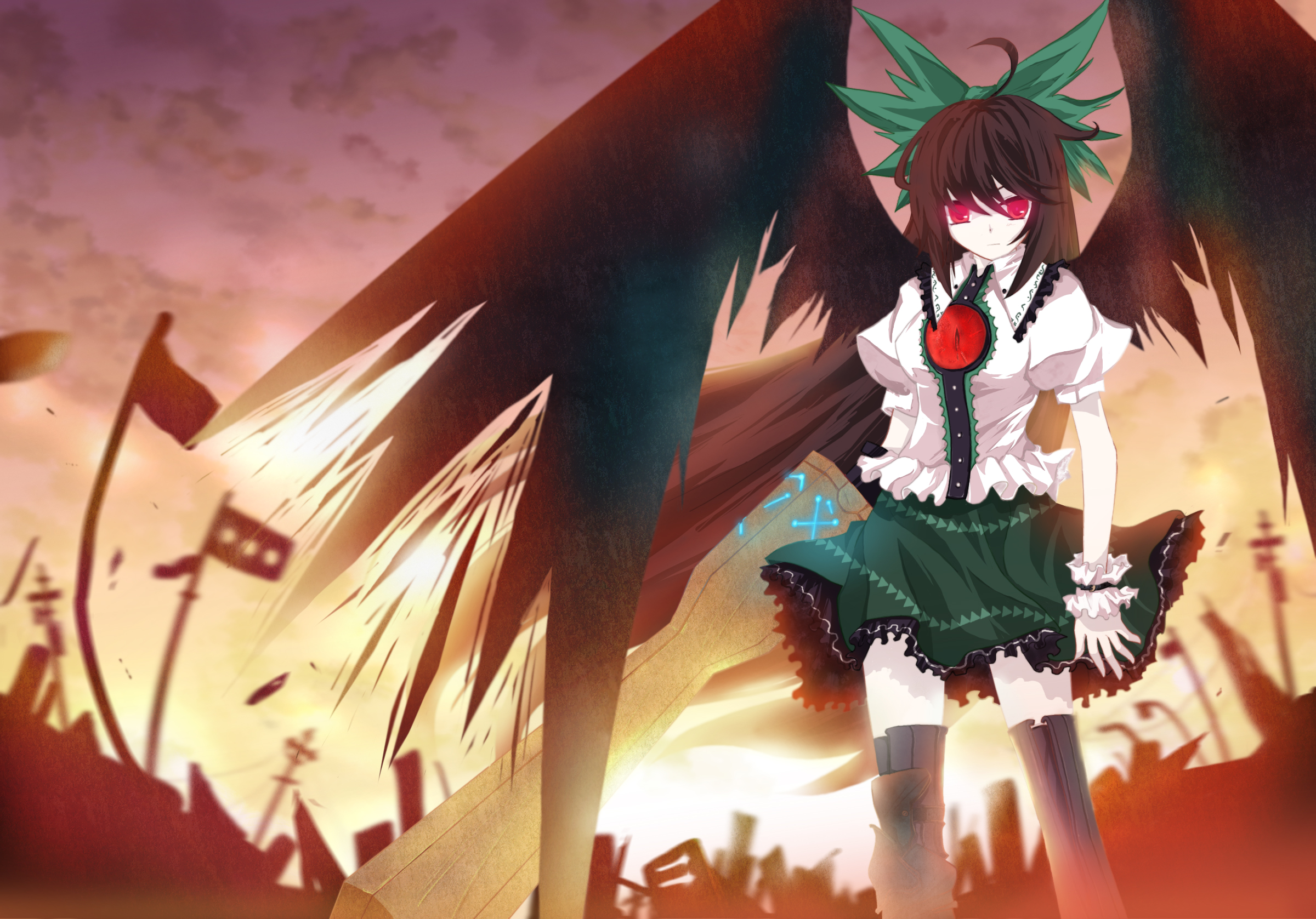 auer, reiuji utsuho, touhou, bad id, bad pixiv id, highres, 1girl, alternate weapon, arm cannon, black hair, female focus, glowing, glowing eyes, red eyes, solo, thighhighs, weapon, wings