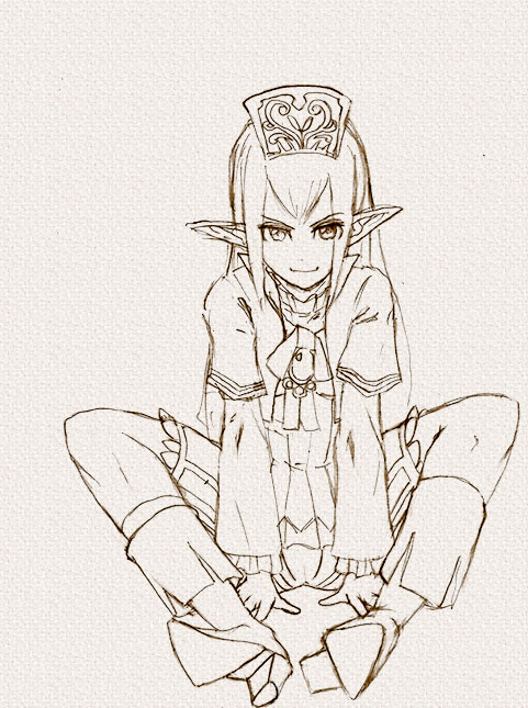 elvaan, prishe, final fantasy, final fantasy xi, traditional media, 00s, 1girl, cameltoe, elf, female focus, full body, long hair, monochrome, pointy ears, simple background, sitting, smirk, solo, spread legs