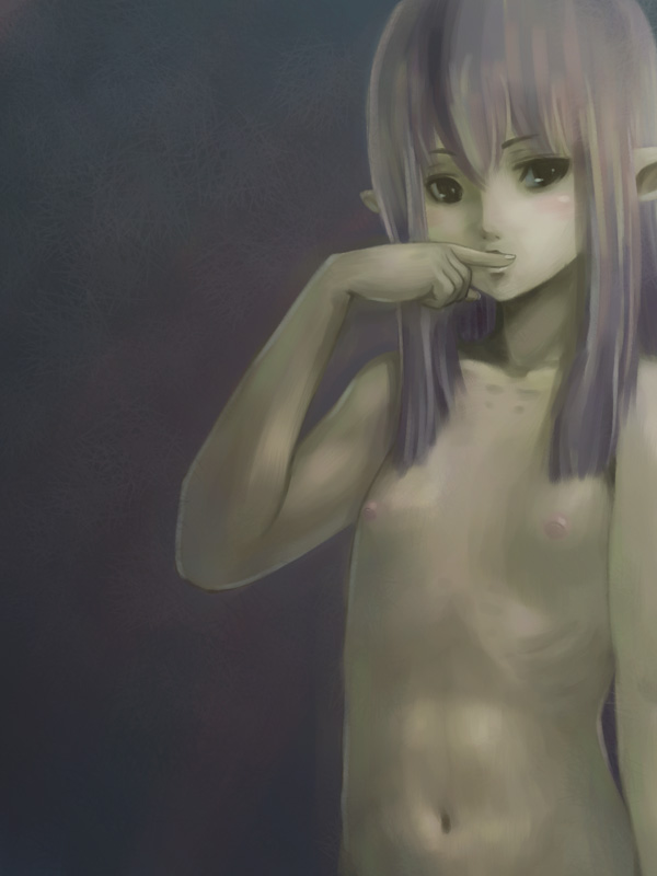 tara baka ni, elvaan, prishe, final fantasy, final fantasy xi, 00s, 1girl, blush, elf, female focus, flat chest, long hair, nipples, nude, pointy ears, purple hair, solo