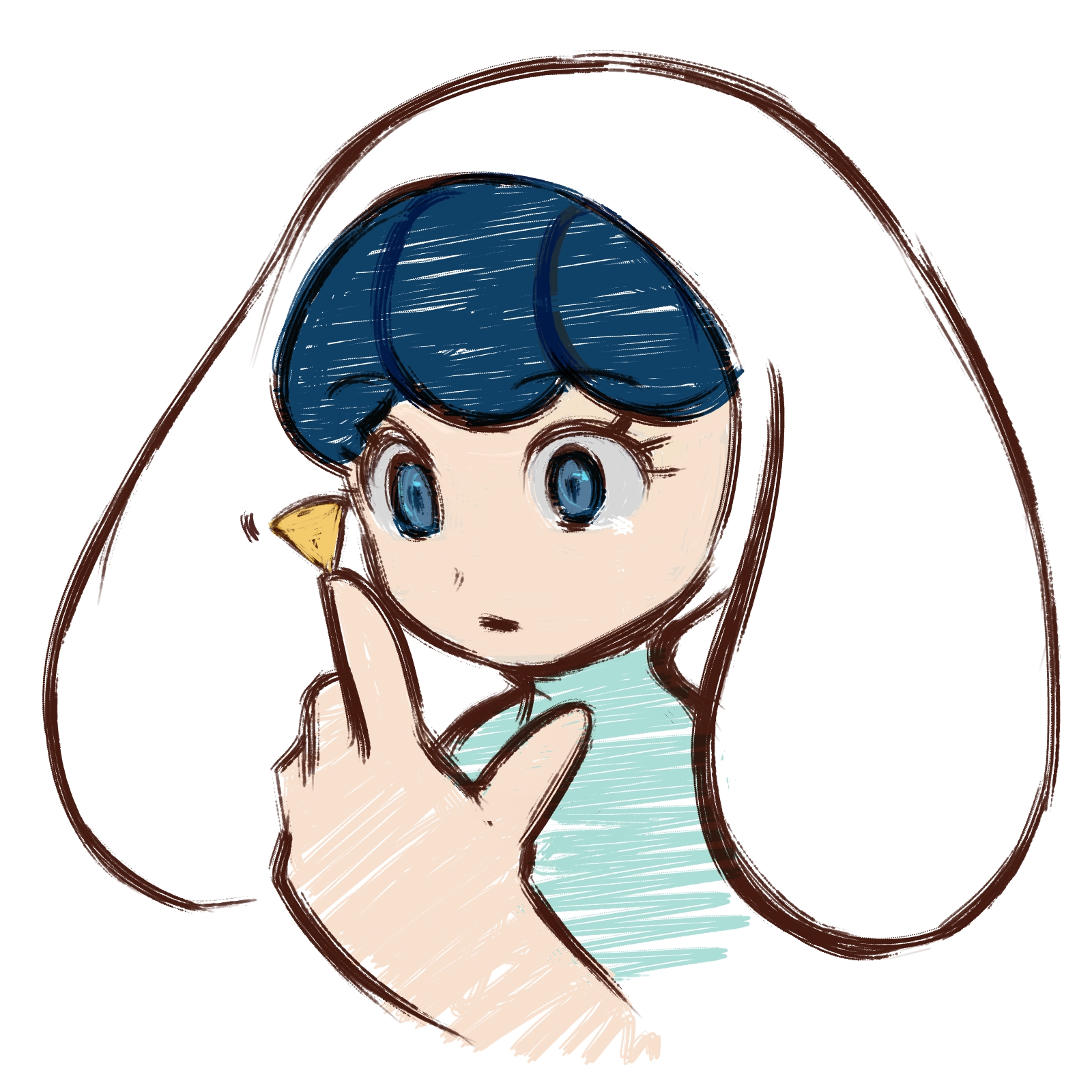 tenshiu, chroniko, kaiba, bad id, bad pixiv id, highres, 00s, 1girl, :o, balancing, blue eyes, blue hair, female focus, hat, matching hair/eyes, motion lines, parted lips, short hair, solo, upper body, white background
