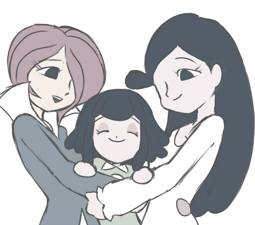 zukizuki, chroniko, chroniko's mother, negi (kaiba), kaiba, arm grab, extra, bad id, bad pixiv id, lowres, 00s, 3girls, :d, ^ ^, age difference, black eyes, black hair, closed eyes, eyeshadow, family, flat color, hair over one eye, happy, high collar, hug, light smile, long hair, long sleeves, looking at another, makeup, mature female, multiple girls, open mouth, purple hair, short hair, simple background, sketch, smile, upper body, white background