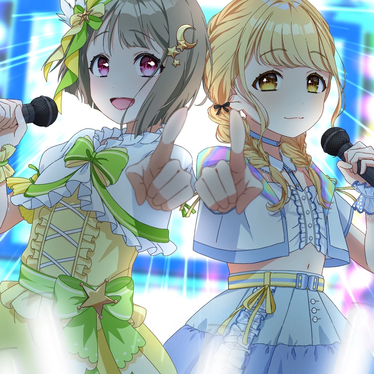 fujita kotone, nakasu kasumi, gakuen idolmaster, idolmaster, love live!, love live! nijigasaki high school idol club, commentary request, highres, second-party source, 019stitch, 2girls, :d, black ribbon, blonde hair, blue choker, blue skirt, bob cut, bow, braid, brown hair, choker, cowboy shot, crescent, crescent hair ornament, cropped jacket, cropped shirt, cross-laced clothes, cross-laced dress, crossover, dress, dress bow, frilled dress, frilled skirt, frills, green bow, green ribbon, hair ornament, hair ribbon, holding, holding microphone, inverted bob, jacket, looking at viewer, low twin braids, microphone, midriff, multiple girls, navel, open clothes, open jacket, open mouth, pink eyes, pointing, pointing at viewer, ribbon, sekaiichi kawaii watashi (idolmaster), shirt, short-sleeved jacket, short hair, short sleeves, sidelocks, skirt, smile, star (symbol), star hair ornament, twin braids, white shirt, yellow dress, yellow eyes, yellow ribbon