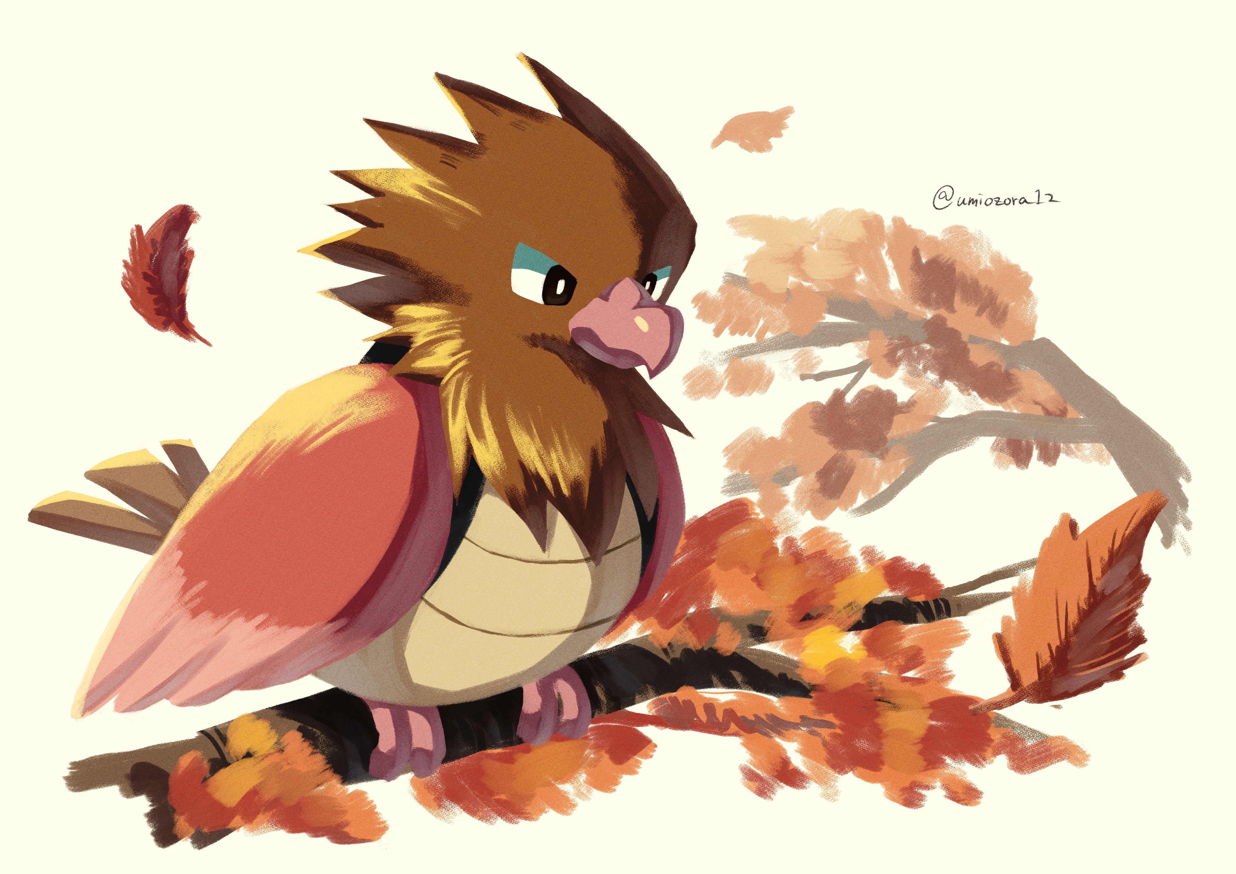 noahzark1212, spearow, nintendo, pokemon, absurdres, highres, animal focus, autumn leaves, beak, bird, branch, closed mouth, gen 1 pokemon, leaf, no humans, on branch, pokemon (creature), pokemon focus, tail, wings