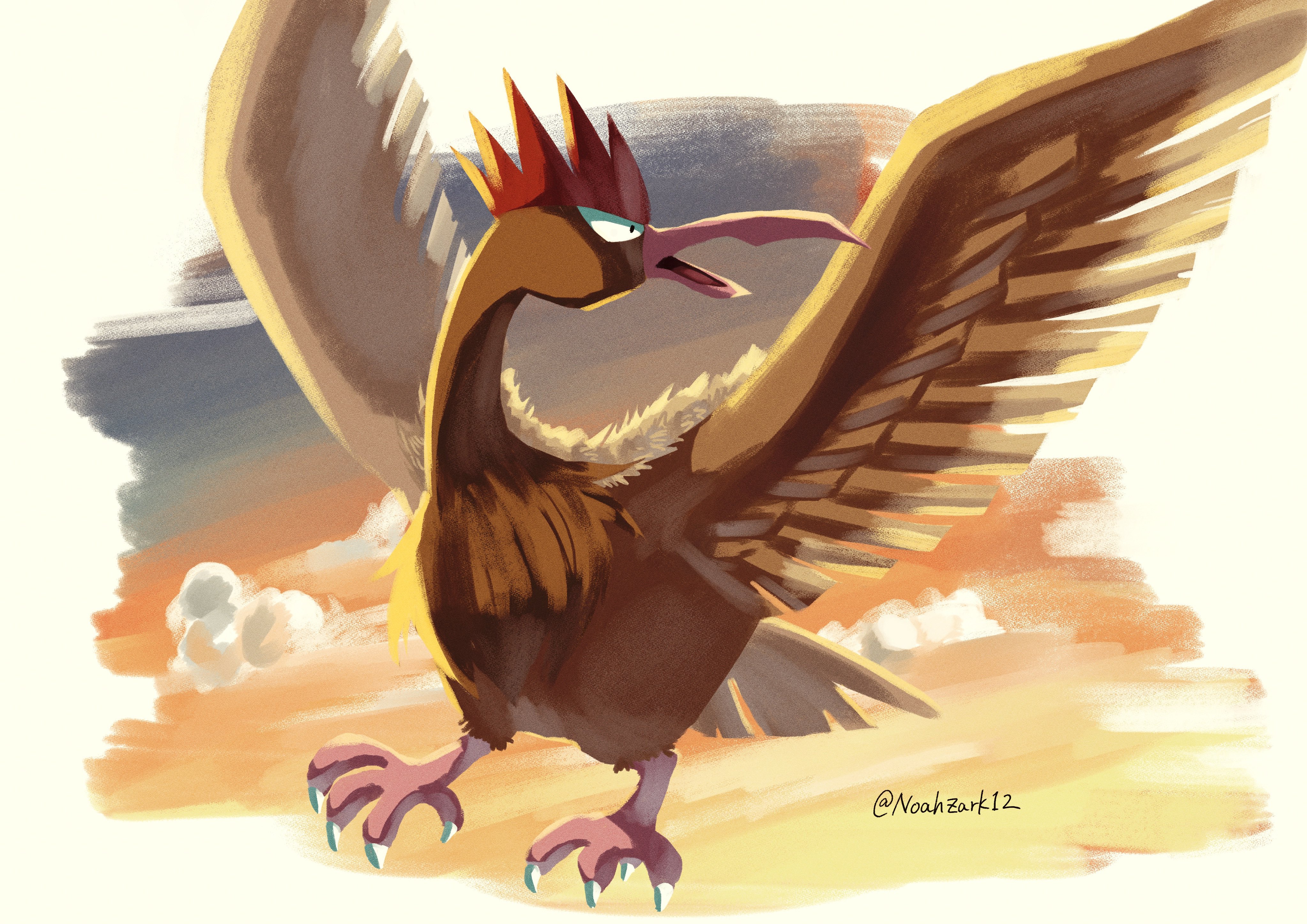 noahzark1212, fearow, nintendo, pokemon, absurdres, highres, animal focus, beak, bird, cloud, flying, gen 1 pokemon, multiple tails, no humans, open mouth, outdoors, pokemon (creature), pokemon focus, sky, tail, wings