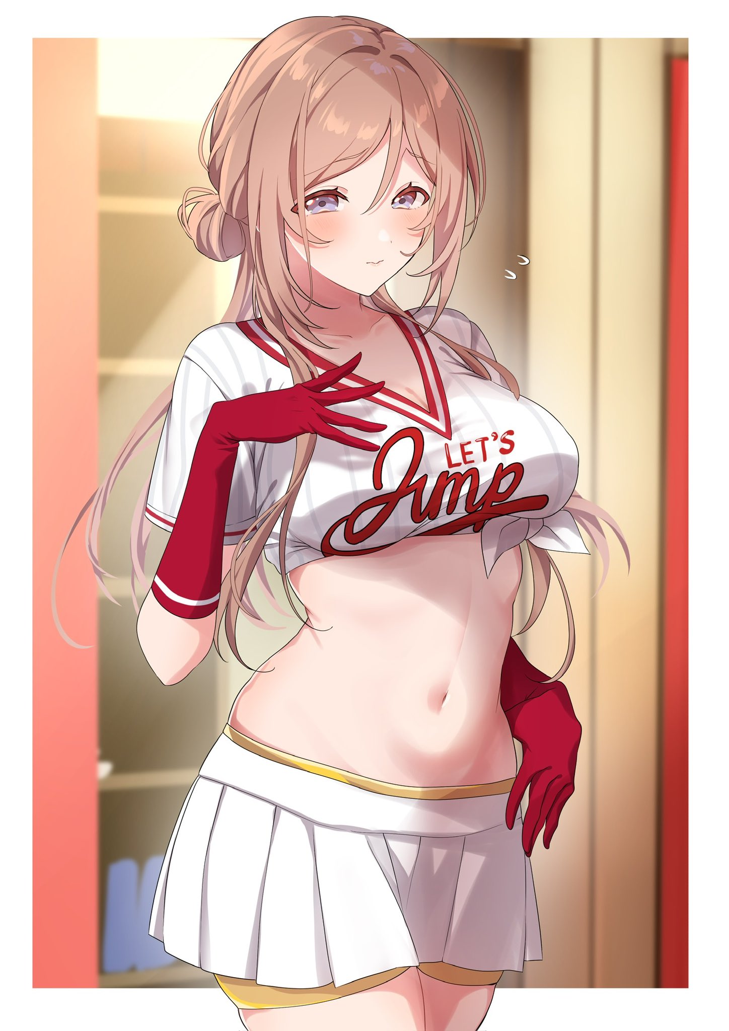 mei hinamatsu, himesaki rinami, gakuen idolmaster, idolmaster, commentary request, highres, 1girl, blue eyes, blush, breasts, brown hair, closed mouth, clothes writing, elbow gloves, gloves, hair bun, hand up, large breasts, long hair, looking at viewer, midriff, miniskirt, navel, pleated skirt, red gloves, shirt, short sleeves, single hair bun, skirt, solo, stomach, tied shirt, white shirt, white skirt