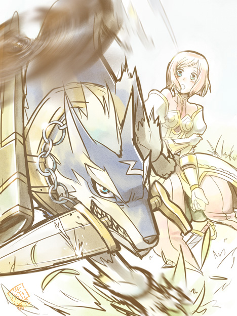 nyagojiro, estellise sidos heurassein, raven (tales), repede (tales), tales of (series), tales of vesperia, bad id, bad pixiv id, 00s, 1girl, dog, motion blur, mouth hold, pink hair, short hair, simple background, sword, weapon, white background