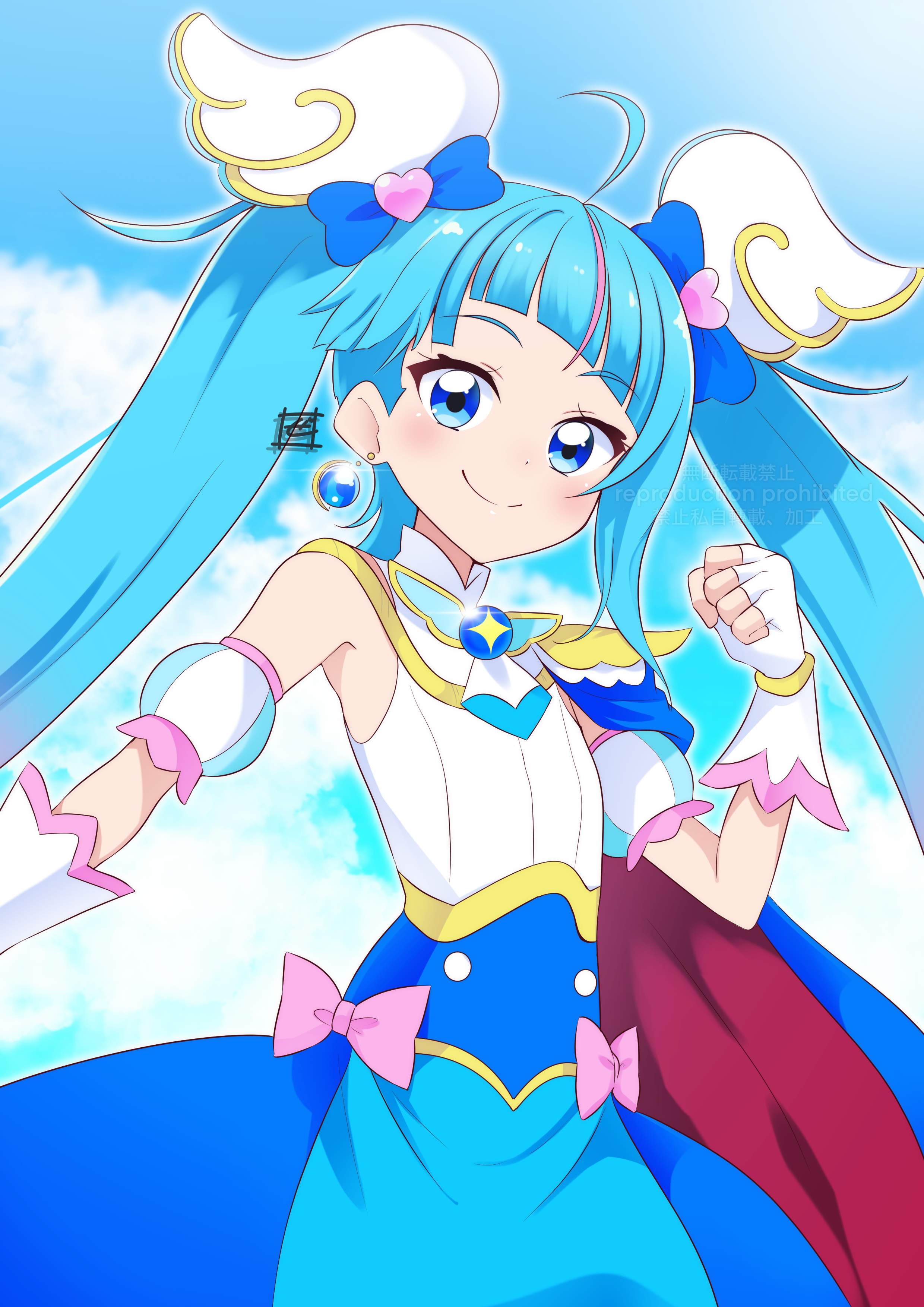 zero-theme, cure sky, sora harewataru, hirogaru sky! precure, precure, absurdres, commentary, highres, 1girl, artist logo, blue cape, blue dress, blue eyes, blue hair, blue sky, bow, brooch, cape, clenched hand, closed mouth, cloud, cloudy sky, cowboy shot, cut bangs, day, detached sleeves, dress, dress bow, earrings, fingerless gloves, gloves, hair ornament, jewelry, logo, long hair, looking at viewer, magical girl, multicolored hair, outdoors, pink bow, pink hair, puffy detached sleeves, puffy sleeves, red cape, single sidelock, sky, sleeveless, sleeveless dress, smile, solo, standing, streaked hair, twintails, two-sided cape, two-sided fabric, two-tone dress, two-tone hair, very long hair, white dress, white gloves, wing brooch, wing hair ornament