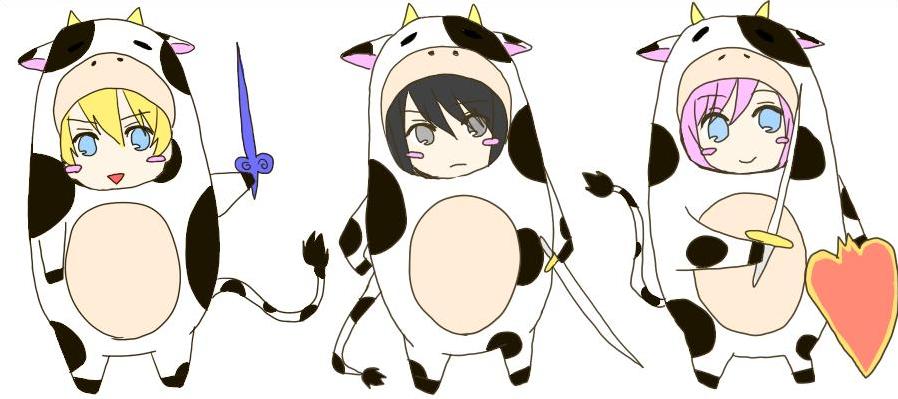 niwa (niwa tori), estellise sidos heurassein, flynn scifo, yuri lowell, tales of (series), tales of vesperia, bad id, bad pixiv id, 00s, 1girl, 2boys, black hair, blonde hair, cow, multiple boys, pink hair