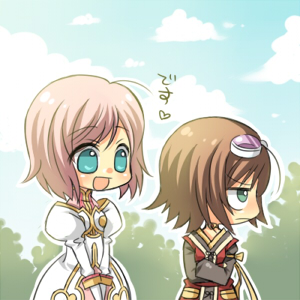 kiba (sonomama), sonomama, estellise sidos heurassein, rita mordio, tales of (series), tales of vesperia, lowres, 00s, 2girls, brown hair, goggles, jitome, multiple girls, pink hair