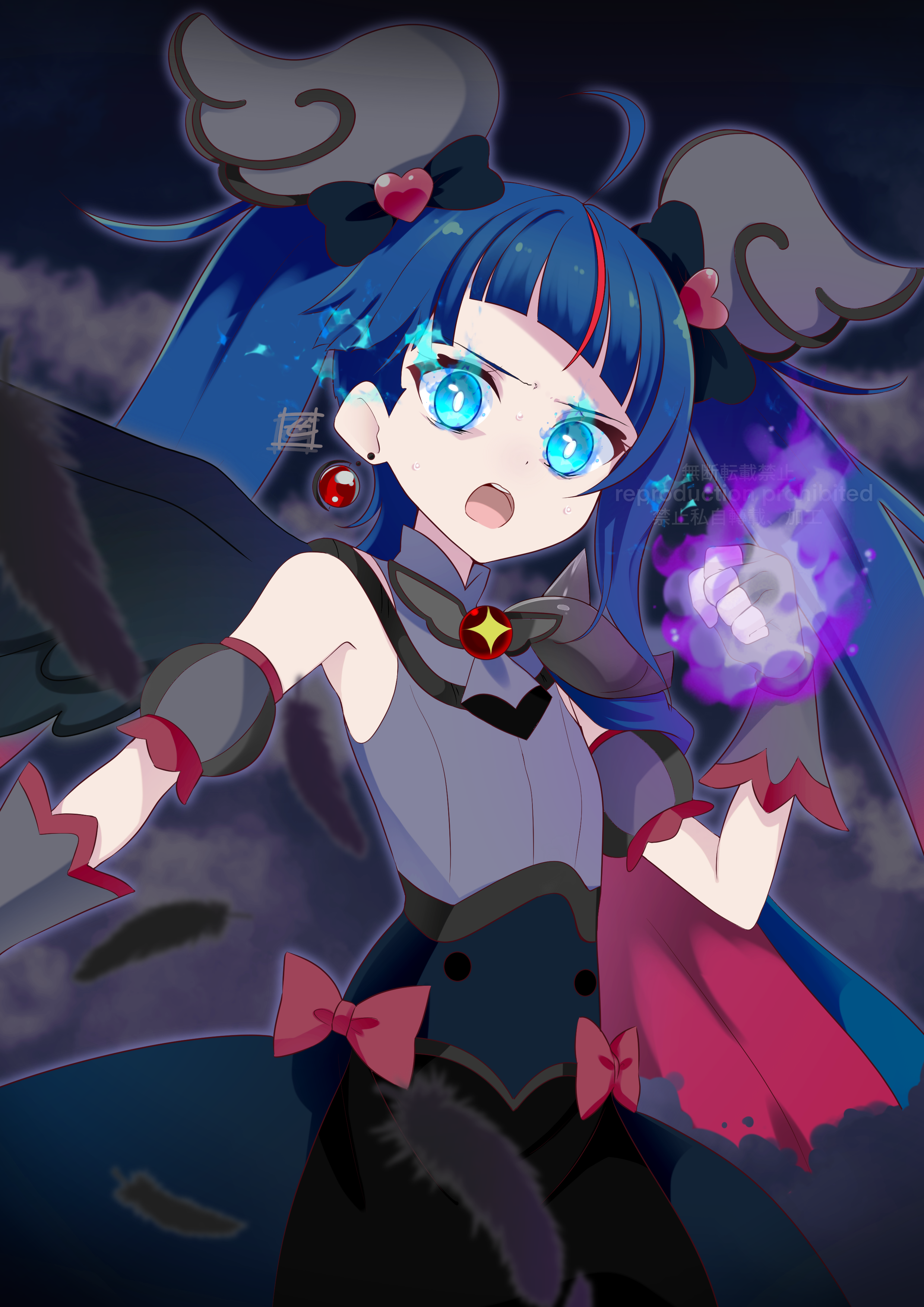 zero-theme, cure sky, cure sky (dark), sora harewataru, hirogaru sky! precure, precure, absurdres, commentary, highres, 1girl, armor, artist logo, black dress, black feathers, black wings, blue cape, blue eyes, blue hair, bow, cape, clenched hand, cowboy shot, cut bangs, dark background, dark persona, detached sleeves, dress, dress bow, earrings, feathered wings, feathers, fingerless gloves, frown, gloves, glowing, glowing eyes, glowing fist, grey dress, grey gloves, hair ornament, jewelry, logo, long hair, looking at viewer, magical girl, medium hair, multicolored hair, open mouth, pauldrons, puffy detached sleeves, puffy sleeves, red bow, red cape, red hair, shoulder armor, single pauldron, single wing, sleeveless, sleeveless dress, solo, spiked pauldrons, spikes, standing, streaked hair, sweat, torn cape, torn clothes, twintails, two-tone dress, wing hair ornament, wings