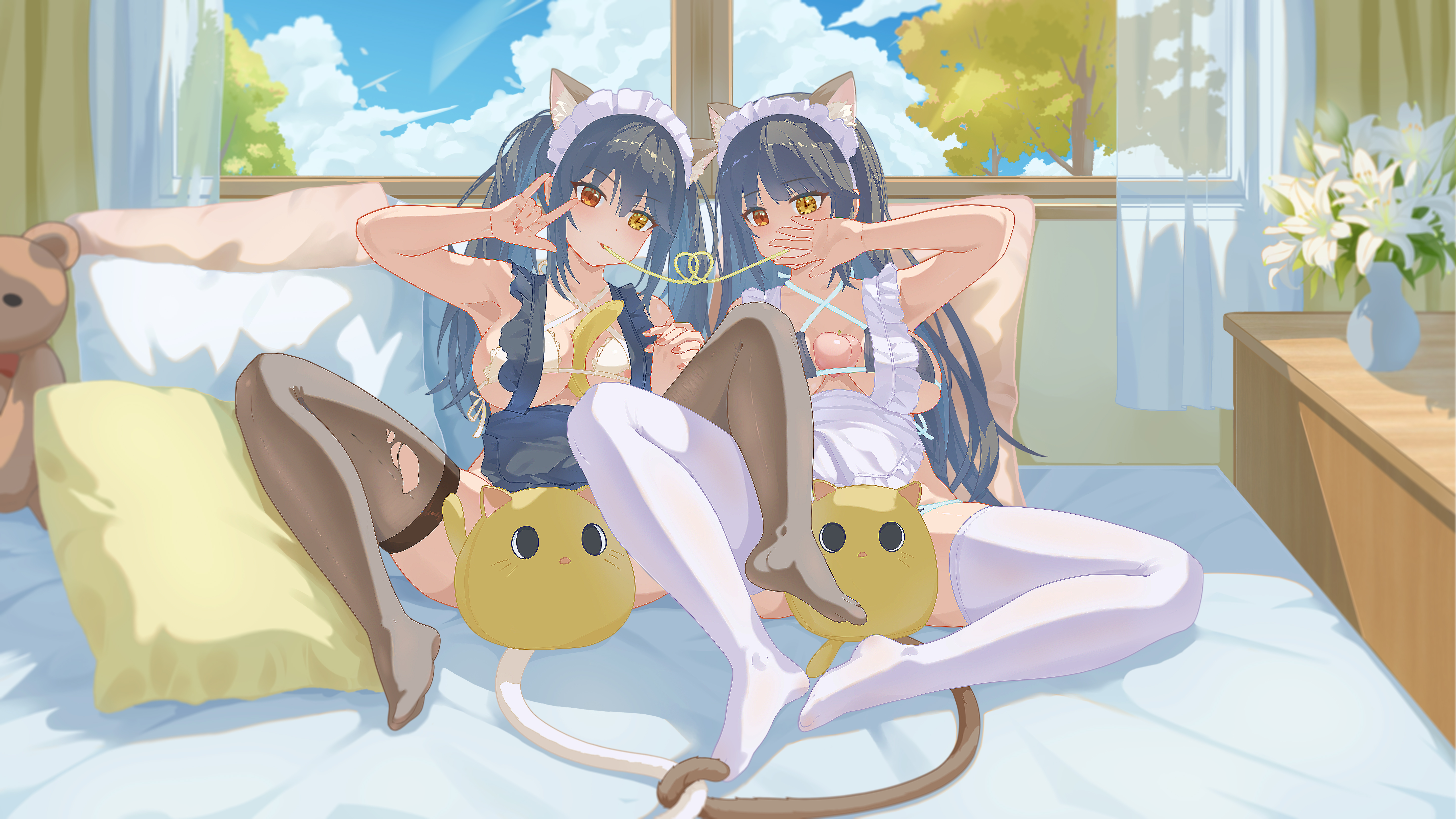 innga hui, tokisaki kurumi, date a live, absurdres, highres, 2girls, m/, animal ears, bare shoulders, black hair, black thighhighs, blue sky, breasts, cat ears, cat tail, cleavage, clock eyes, clone, cloud, curtains, day, flower pot, hairband, heterochromia, long hair, medium breasts, multiple girls, on bed, pillow, red eyes, shadow, sky, stuffed animal, stuffed toy, symbol-shaped pupils, tail, teddy bear, thighhighs, torn clothes, torn thighhighs, tree, twintails, white thighhighs, window, yellow eyes