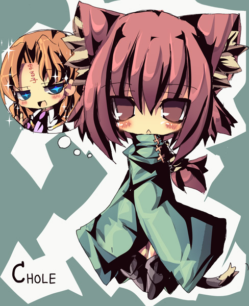 dango mushi, altena, chloe (noir), noir (anime), 00s, 2girls, animal ear fluff, animal ears, character name, green background, half-closed eyes, multiple girls, parted bangs, speech bubble, star-shaped pupils, star (symbol), symbol-shaped pupils, tail, thought bubble, white background