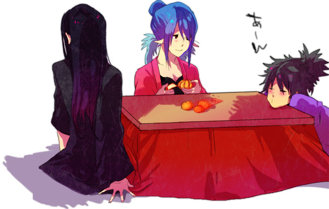 judith (tales), raven (tales), yuri lowell, tales of (series), tales of vesperia, bad id, bad pixiv id, 00s, 1girl, 2boys, black hair, food, fruit, kotatsu, mandarin orange, multiple boys, pointy ears, table