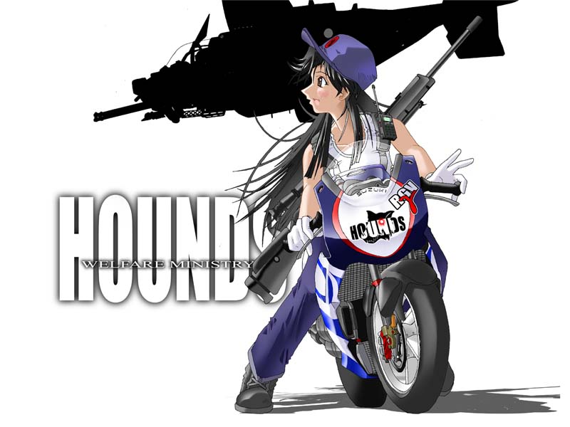 itou akihiro, narusawa ayumi (geobreeders), geobreeders, heckler & koch, suzuki, black footwear, cross-laced footwear, vehicle, 1girl, :d, aircraft, baseball cap, black eyes, black hair, blush, collarbone, english text, facing viewer, female focus, flipped hair, from side, full body, gloves, gun, gunship, h&k psg1, hat, helicopter, long hair, looking back, looking to the side, motor vehicle, motorcycle, open mouth, pants, profile, purple hat, purple pants, radio, riding, rifle, scope, shadow, shirt, silhouette, simple background, sleeveless, sleeveless shirt, smile, sniper rifle, solo, tank top, very long hair, walkie-talkie, weapon, white background, white gloves
