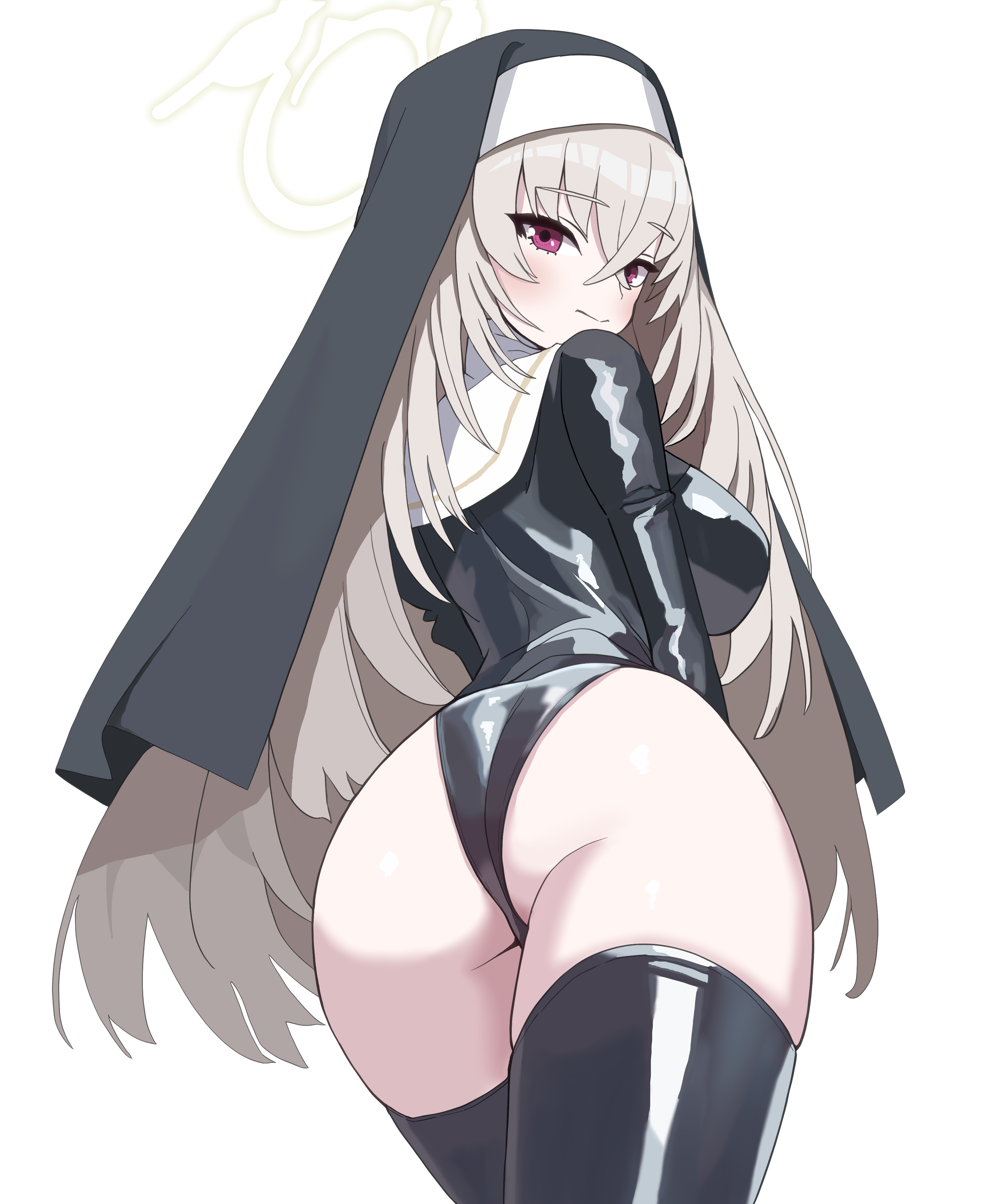 nnkk933306, sakurako (blue archive), blue archive, absurdres, highres, 1girl, ass, black leotard, black veil, crossed bangs, from behind, grey hair, halo, highleg, highleg leotard, latex, latex leotard, latex thighhighs, leotard, long hair, looking at viewer, looking back, nun, purple eyes, solo, thighhighs, veil, white background, yellow halo