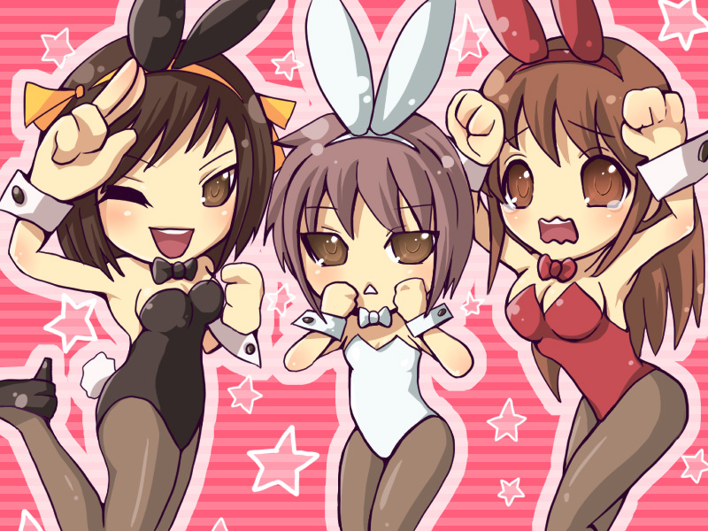 hijiki (hijikini), hijikini, asahina mikuru, nagato yuki, suzumiya haruhi, suzumiya haruhi no yuuutsu, bad id, bad pixiv id, 00s, 3girls, animal ears, brown hair, fake animal ears, multiple girls, pantyhose, playboy bunny, purple hair, rabbit ears