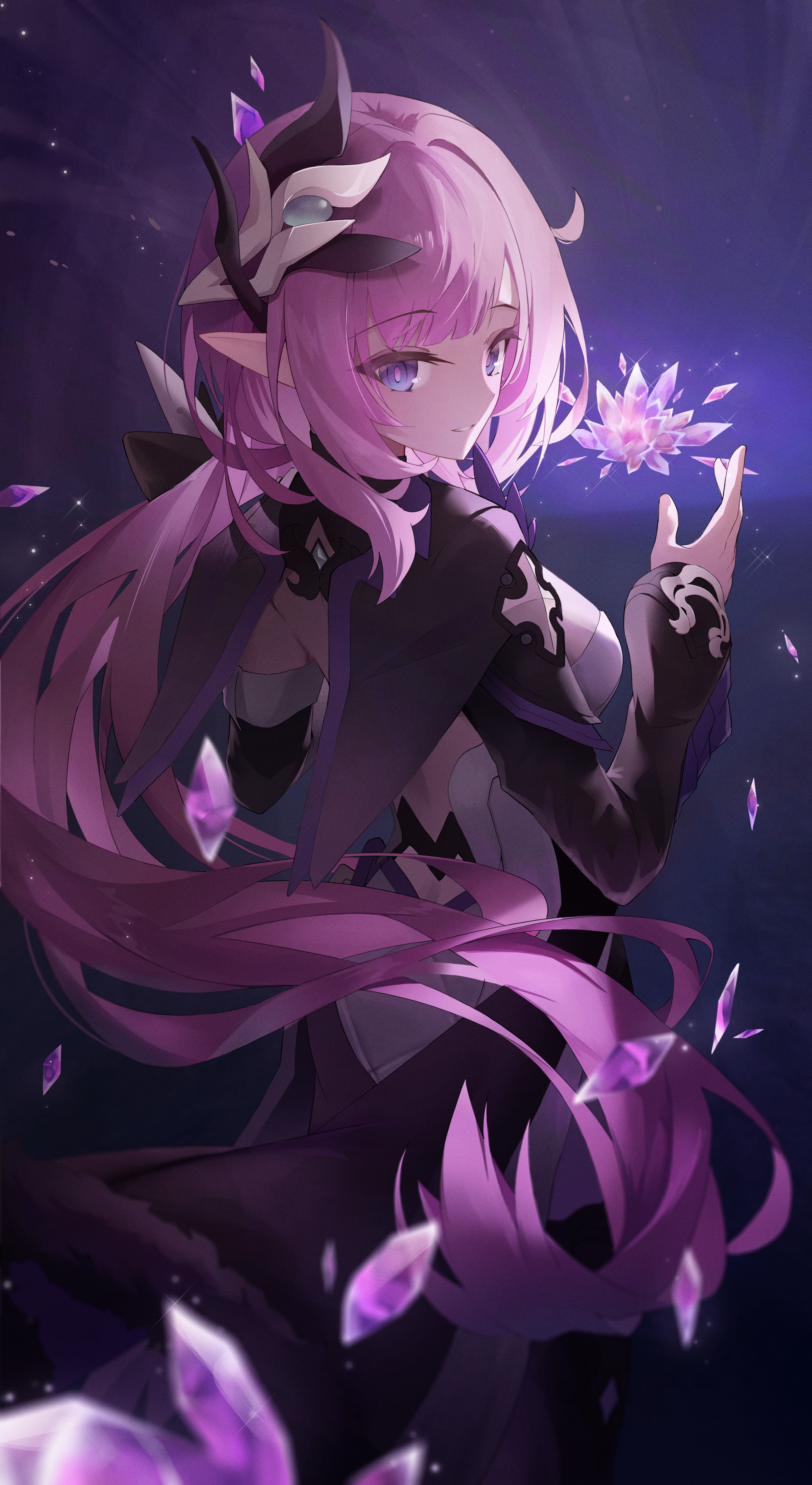 maka sill, elysia (honkai impact), elysia (miss pink elf) (honkai impact), honkai (series), honkai impact 3rd, absurdres, commentary, english commentary, highres, 1girl, black shrug, blue eyes, breasts, coattails, crystal flower, from behind, hair ornament, hand up, long hair, looking at viewer, looking back, medium breasts, parted lips, pink hair, pink pupils, pointy ears, shrug (clothing), sidelocks, smile, solo, very long hair