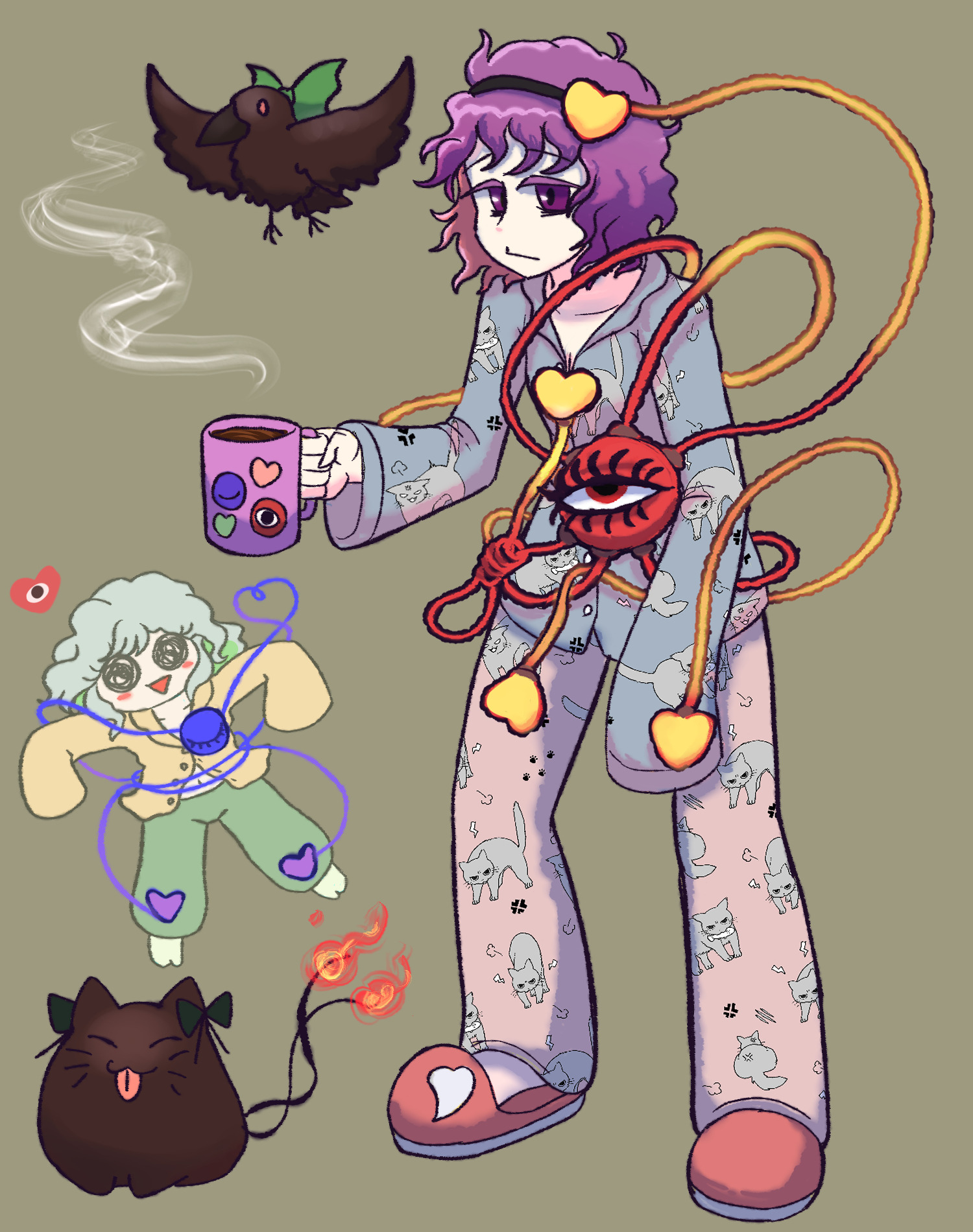 kaenbyou rin, kaenbyou rin (cat), komeiji koishi, komeiji satori, reiuji utsuho, reiuji utsuho (bird), subterranean animism, touhou, highres, 4girls, :/, :3, ;d, alternate costume, animal print, bird, cat, cat print, coffee mug, crow, cup, floating, full body, green hair, hair ornament, heart, heart hair ornament, heart of string, holding, holding cup, medium hair, messy hair, mug, multiple girls, one eye closed, open mouth, outstretched arms, pajamas, pants, partially open shirt, pink hair, pokochiiiiii, purple eyes, raised inner eyebrows, short hair, simple background, sleepwear, sleeves past wrists, slippers, slouching, smile, third eye, wavy hair