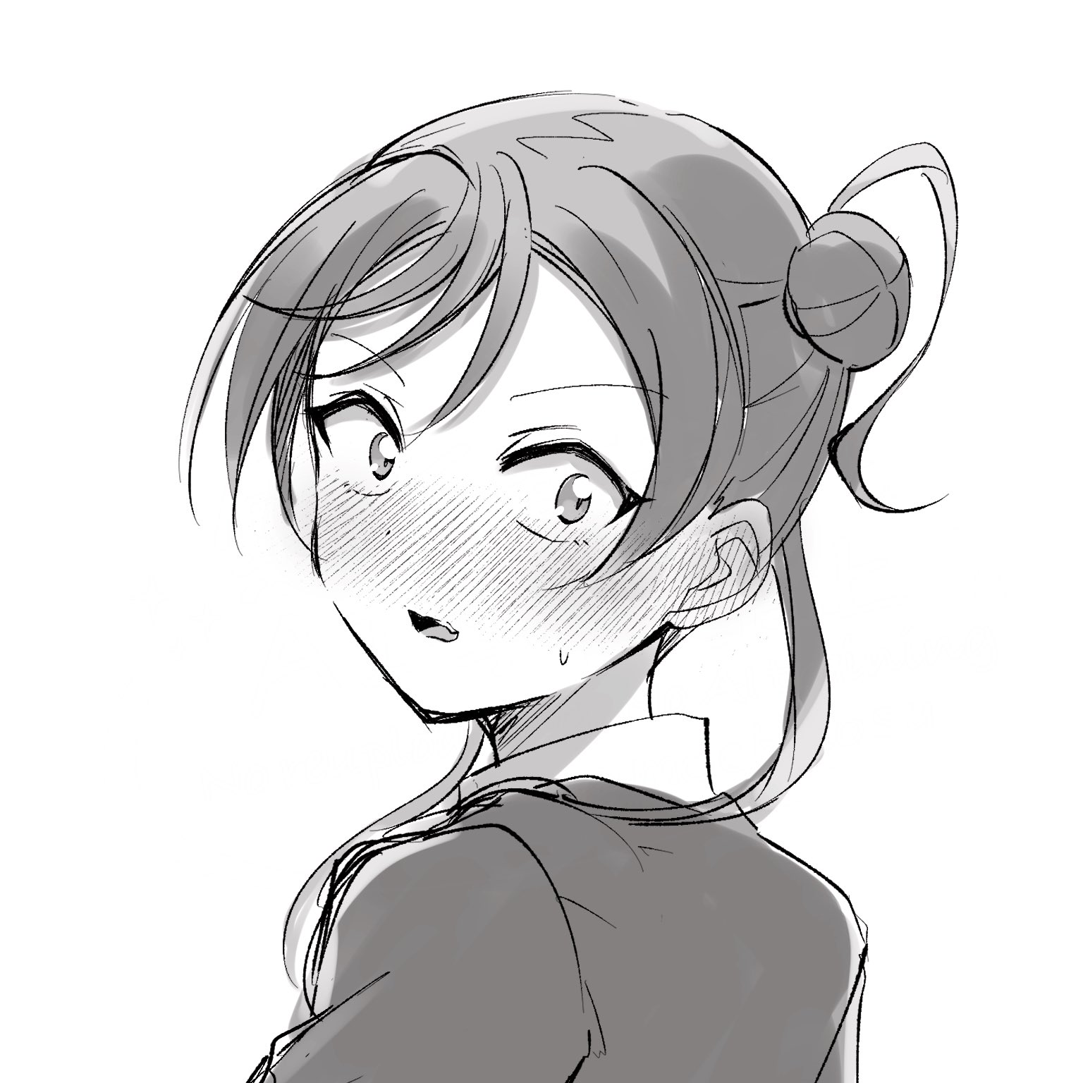 mame mochiko, yoneme mei, love live!, love live! superstar!!, commentary request, highres, 1girl, blush, collared shirt, ear blush, flipped bangs, flustered, from behind, greyscale, hair bun, jacket, looking at viewer, looking back, monochrome, nose blush, open mouth, school uniform, shirt, short hair with long locks, single side bun, solo, sweatdrop, upper body, wide-eyed, winter uniform, yuigaoka school uniform