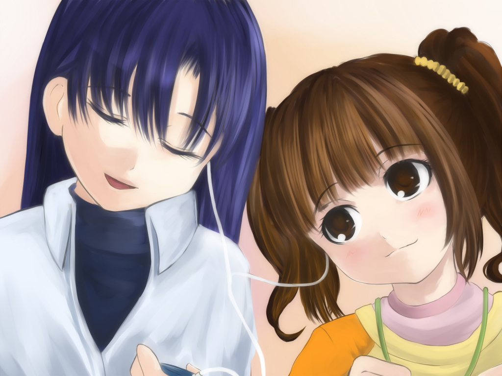 zero, zero (zerousagi), kisaragi chihaya, takatsuki yayoi, idolmaster, idolmaster (classic), idolmaster 1, 00s, 2girls, blush, closed eyes, earphones, headphones, multiple girls, raglan sleeves, shared earphones, sharing, twintails