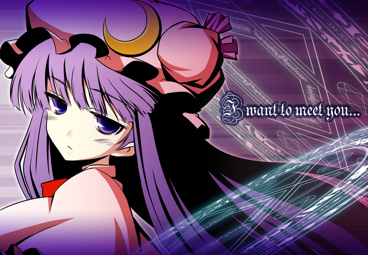 iganseijin, patchouli knowledge, touhou, photoshop (medium), 1girl, crescent hat ornament, english text, female focus, hat, hat ornament, long hair, magic circle, purple eyes, purple hair, solo