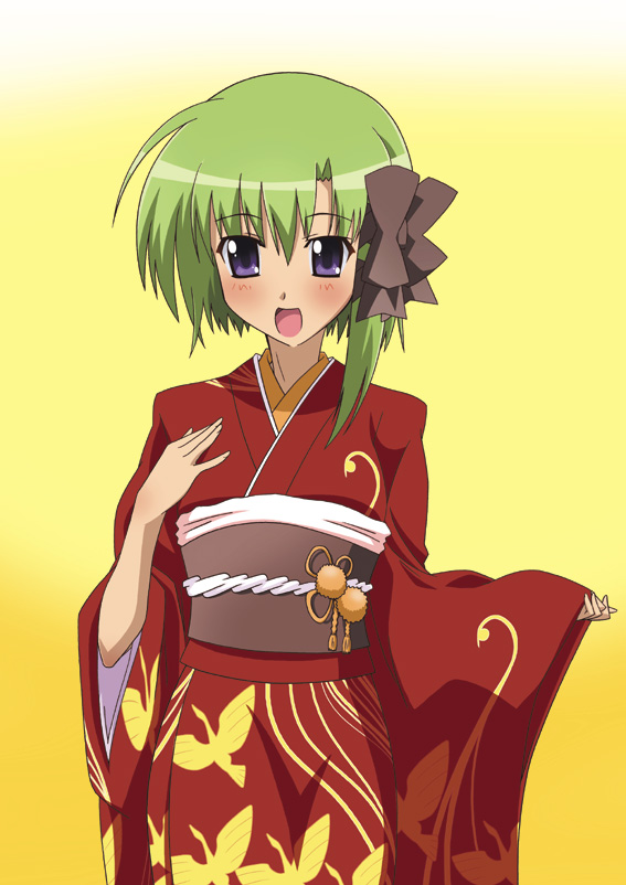 paopa ship, shigure asa, shuffle!, 00s, green hair, japanese clothes, kimono, purple eyes, short hair, solo