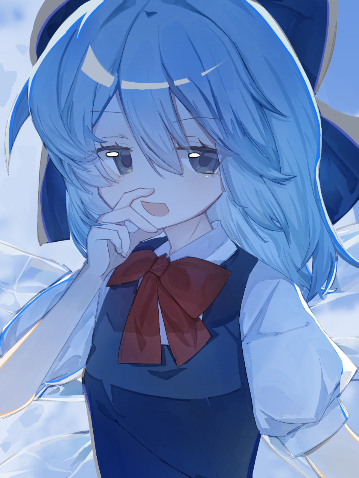 cirno, touhou, commentary, highres, 1girl, blue bow, blue dress, blue eyes, blue hair, bow, bowtie, dress, fairy, hair bow, ice, ice wings, looking at viewer, multiple wings, pinafore dress, red bow, red bowtie, shirt, short sleeves, sleeveless, sleeveless dress, smile, solo, upper body, user jcyz3482, white shirt, wings