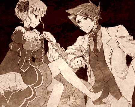 suzushiro kurumi, beatrice (umineko), ushiromiya battler, umineko no naku koro ni, lowres, 00s, 1boy, 1girl, braid, chain, chain leash, collar, dress, feet, femdom, footjob, formal clothes, hetero, high heels, leash, monochrome, necktie, penis, shoejob, shoes, witch