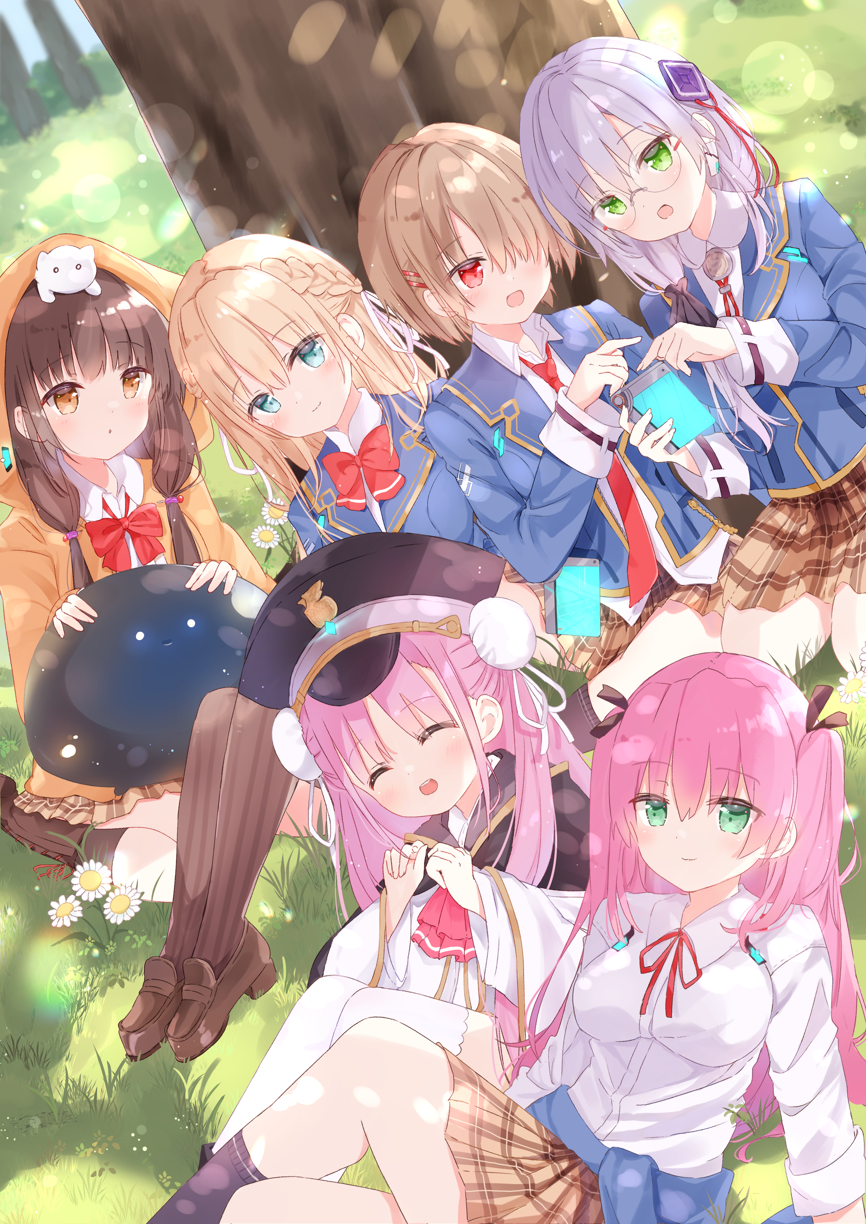 sakura aki, aikawa megumi, asakura karen (heaven burns red), izumi yuki (heaven burns red), kayamori ruka, kunimi tama, toujou tsukasa, heaven burns red, absurdres, highres, 6+girls, :d, :o, ^ ^, against tree, animal, animal on head, aqua eyes, black cape, black capelet, black ribbon, black socks, blonde hair, blue eyes, blue jacket, blush, bow, braid, breasts, brown eyes, brown hair, brown skirt, cape, capelet, cat, cat on head, cellphone, cloak, closed eyes, closed mouth, clothes around waist, collared shirt, day, double bun, dress shirt, eyes visible through hair, fang, flower, glasses, grass, green eyes, grey hair, hair between eyes, hair bun, hair flower, hair ornament, hair over one eye, hair over shoulder, hair ribbon, hairclip, hat, holding, holding phone, hood, hood down, hood up, hooded jacket, jacket, jacket around waist, kneehighs, knees up, large breasts, loafers, long hair, long sleeves, looking at viewer, low twintails, medium breasts, military hat, miniskirt, multiple girls, narby (heaven burns red), neck ribbon, necktie, on grass, on ground, on head, one eye covered, open clothes, open jacket, open mouth, orange jacket, outdoors, parted lips, peaked cap, phone, pink hair, plaid clothes, plaid skirt, pleated skirt, red bow, red eyes, red necktie, red ribbon, ribbon, rimless eyewear, school uniform, shirt, shoes, short hair, sitting, skirt, small breasts, smartphone, smile, socks, striped clothes, striped thighhighs, thighhighs, tree, twintails, two side up, very long hair, white cat, white flower, white ribbon, white shirt, white thighhighs, wide sleeves, yellow jacket, yokozuwari