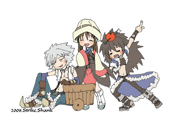 john (nakoto), john (strike-shank), soul linker (ragnarok online), stalker, stalker (ragnarok online), whitesmith (ragnarok online), ragnarok online, bad id, bad pixiv id, 00s, 1girl, 2006, 2boys, ^ ^, apple, arrow (projectile), black hair, blush, boots, chibi, closed eyes, crop top, cropped jacket, food, food on head, fruit, fruit on head, fur trim, gloves, grey hair, hair between eyes, half-closed eyes, hand to own mouth, hat, jacket, jewelry, jitome, leaning to the side, long hair, long sleeves, looking to the side, male focus, midriff, multiple boys, navel, necklace, object on head, open clothes, open jacket, pants, pointing, pointing up, short sleeves, simple background, sitting, spikes, standing, stomach, teeth, topless male, torn clothes, torn sleeves, waist cape, white background