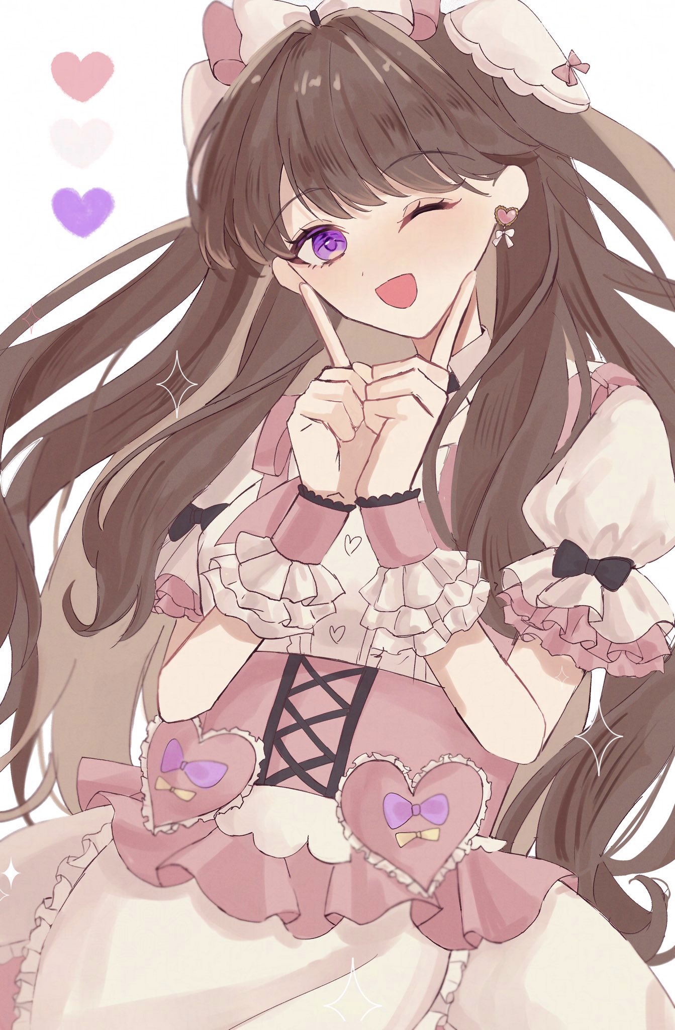 fujishima megumi, link! like! love live!, love live!, commentary request, highres, 1girl, ;d, bow, brown hair, cross-laced clothes, cross-laced dress, dress, fingers to cheeks, frilled dress, frills, hair bow, long hair, looking at viewer, minase (r 002 i), official alternate costume, one eye closed, open mouth, pink bow, pink dress, puffy short sleeves, puffy sleeves, purple eyes, short sleeves, smile, solo, two side up, virtual youtuber, yappa tenshi!