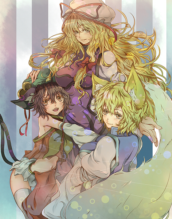 akishima kei, chen, yakumo ran, yakumo yukari, touhou, bad id, bad pixiv id, 3girls, animal ears, blonde hair, cat ears, cat girl, cat tail, detached sleeves, female focus, fox ears, hat, long hair, multiple girls, multiple tails, no headwear, short hair, tail, thighhighs