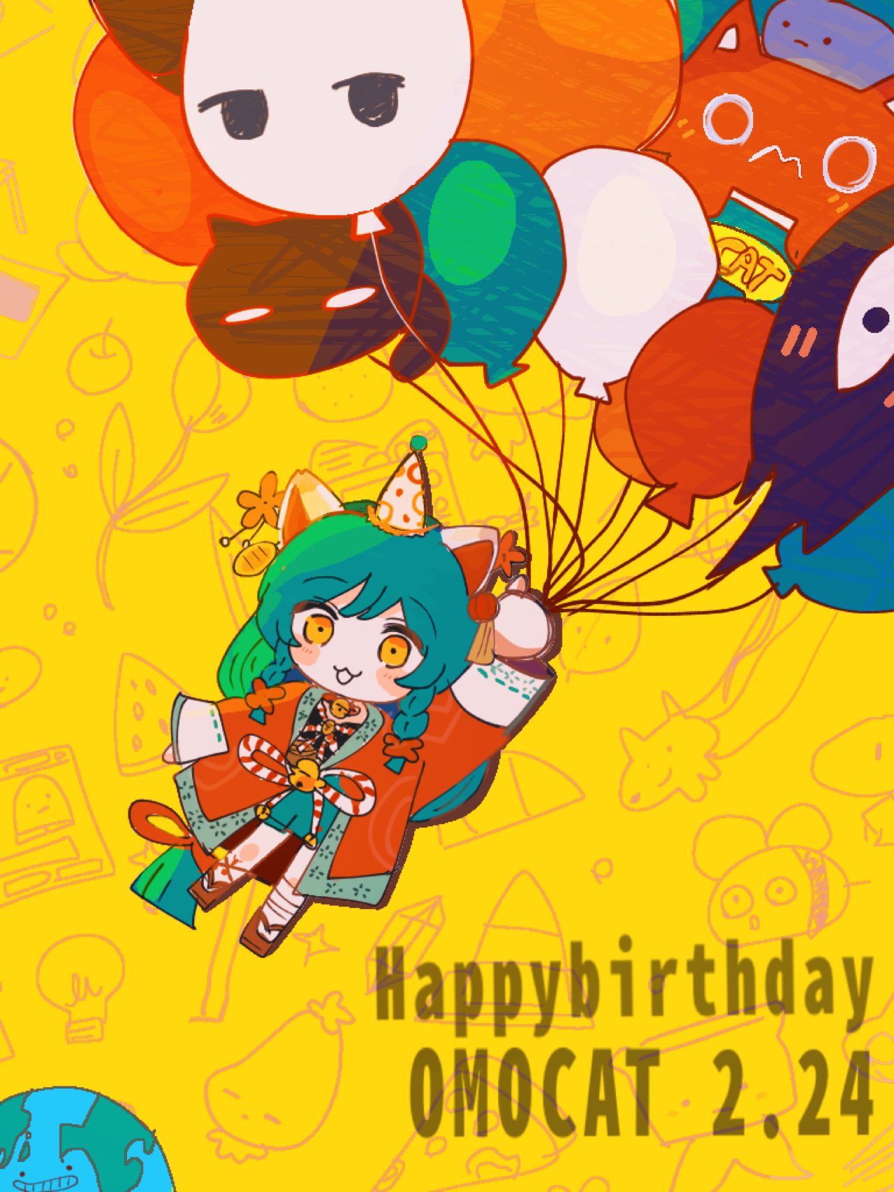 gimu108, hector (omori), hot diggity dog (omori), humphrey (omori), jash (omori), mewo, mr. plantegg (omori), omocat (character), omori (omori), snaley (omori), something (omori), indie virtual youtuber, omori, commentary, english commentary, highres, 1girl, :3, absurdly long hair, animal ears, apple, balloon, bee, bell, bow, braid, braided sidelocks, brown shoes, bug, cat ears, character balloon, character name, chibi, chibi only, coat, dated, earth (planet), flower, food, fruit, full body, green hair, green skirt, hair bow, hat, holding, holding balloon, insect, leafie (omori), light bulb, long hair, looking at viewer, miniskirt, nose (omori), open clothes, open coat, open mouth, orange eyes, party hat, photo (object), pizza, pizza slice, planet, red bow, red coat, red flower, shoes, simple background, skirt, solo, sparkle, spelling bee (omori), tri braids, tulip, very long hair, virtual youtuber, watermelon, watermelon slice, white hat, yellow background