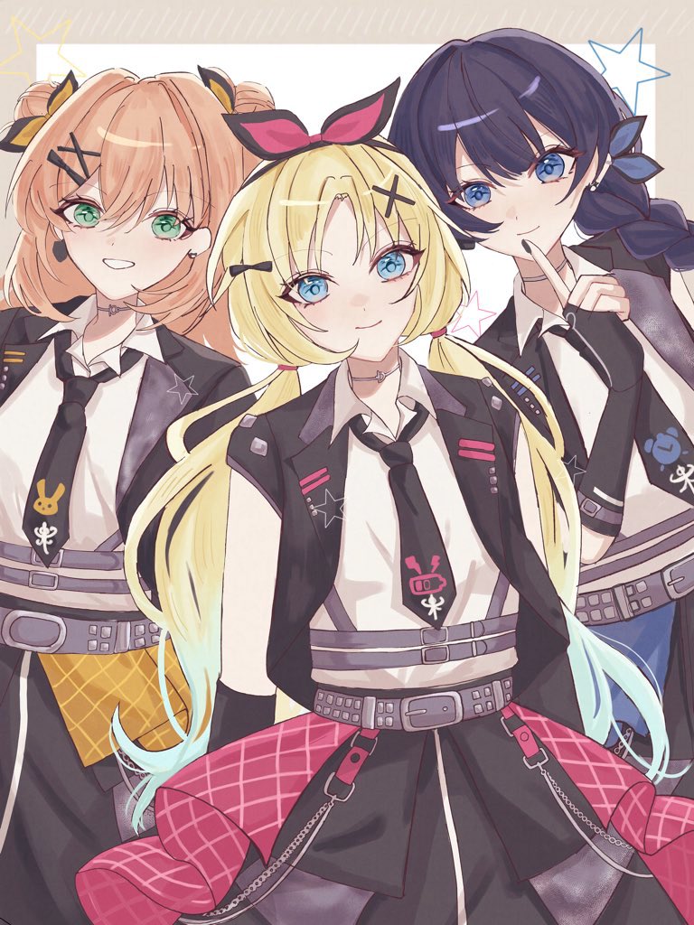 hinoshita kaho, murano sayaka, osawa rurino, link! like! love live!, love live!, commentary, 3girls, black jacket, black necktie, black skirt, blonde hair, blue eyes, blue hair, braid, double bun, finger to own chin, gradient hair, grin, hair bun, hair ornament, hasu no sanrenka, i do me! (love live!), jacket, long braid, looking at viewer, low twintails, medium hair, minase (r 002 i), multicolored hair, multiple girls, necktie, official alternate costume, open clothes, open jacket, orange hair, shirt, short-sleeved jacket, short sleeves, single braid, skirt, smile, twintails, virtual youtuber, white shirt, x hair ornament