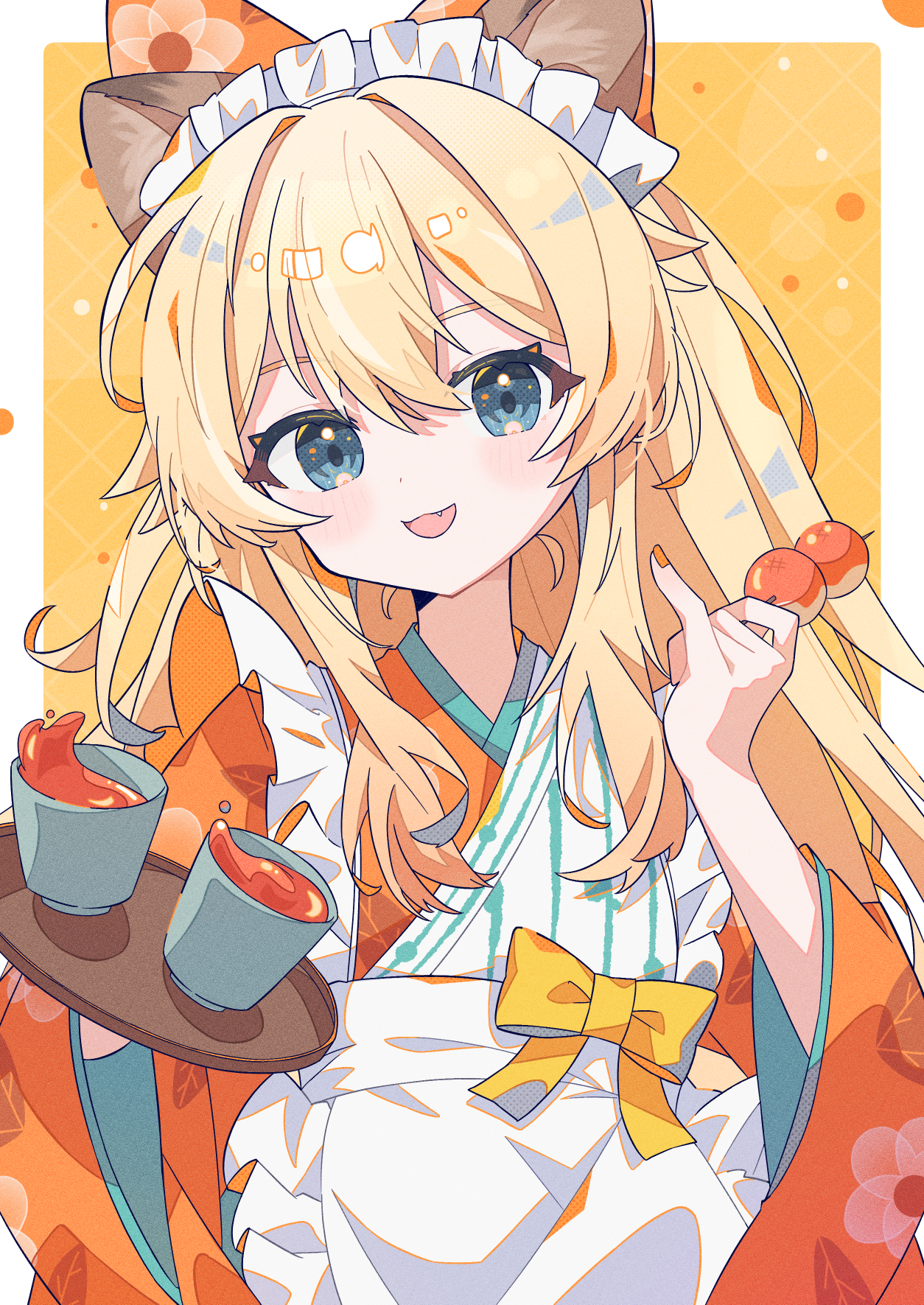 aramedraw, regrush lionheart, noripro, commentary, highres, 1girl, :d, animal ears, apron, blonde hair, blue eyes, blush, border, bow, cup, dango, fang, food, hair between eyes, holding, holding food, holding tray, japanese clothes, kimono, lion ears, lion girl, long hair, long sleeves, looking at viewer, maid headdress, nail polish, open mouth, orange kimono, orange nails, outside border, smile, solo, tray, upper body, virtual youtuber, wagashi, white apron, white border, wide sleeves, yellow background, yellow bow