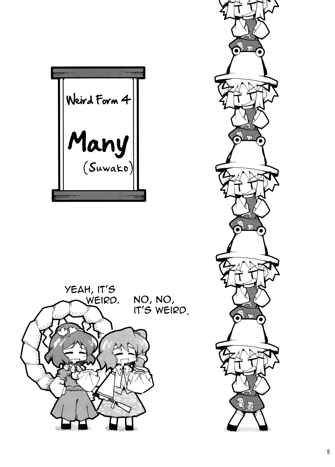 herada mitsuru, kochiya sanae, moriya suwako, yasaka kanako, touhou, hard-translated, highres, third-party edit, translated, comic, english text, female focus, greyscale, hat, monochrome