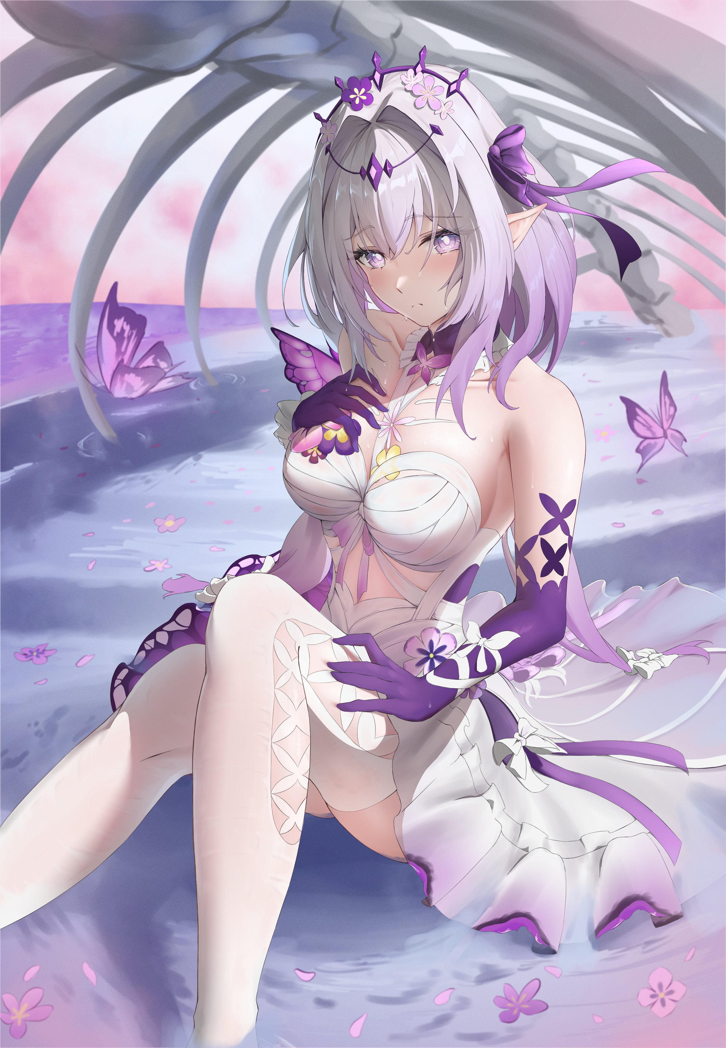 castorice (honkai: star rail), honkai: star rail, honkai (series), absurdres, highres, 1girl, bow, breasts, bright pupils, bug, butterfly, closed mouth, dress, elbow gloves, flower, gloves, gradient hair, grey hair, hair bow, hair flower, hair ornament, hand on own thigh, insect, multicolored hair, pointy ears, purple butterfly, purple eyes, purple flower, purple gloves, purple hair, solomon 0616, thighhighs, wet, wet clothes, wet gloves, white bow, white dress, white pupils, white thighhighs