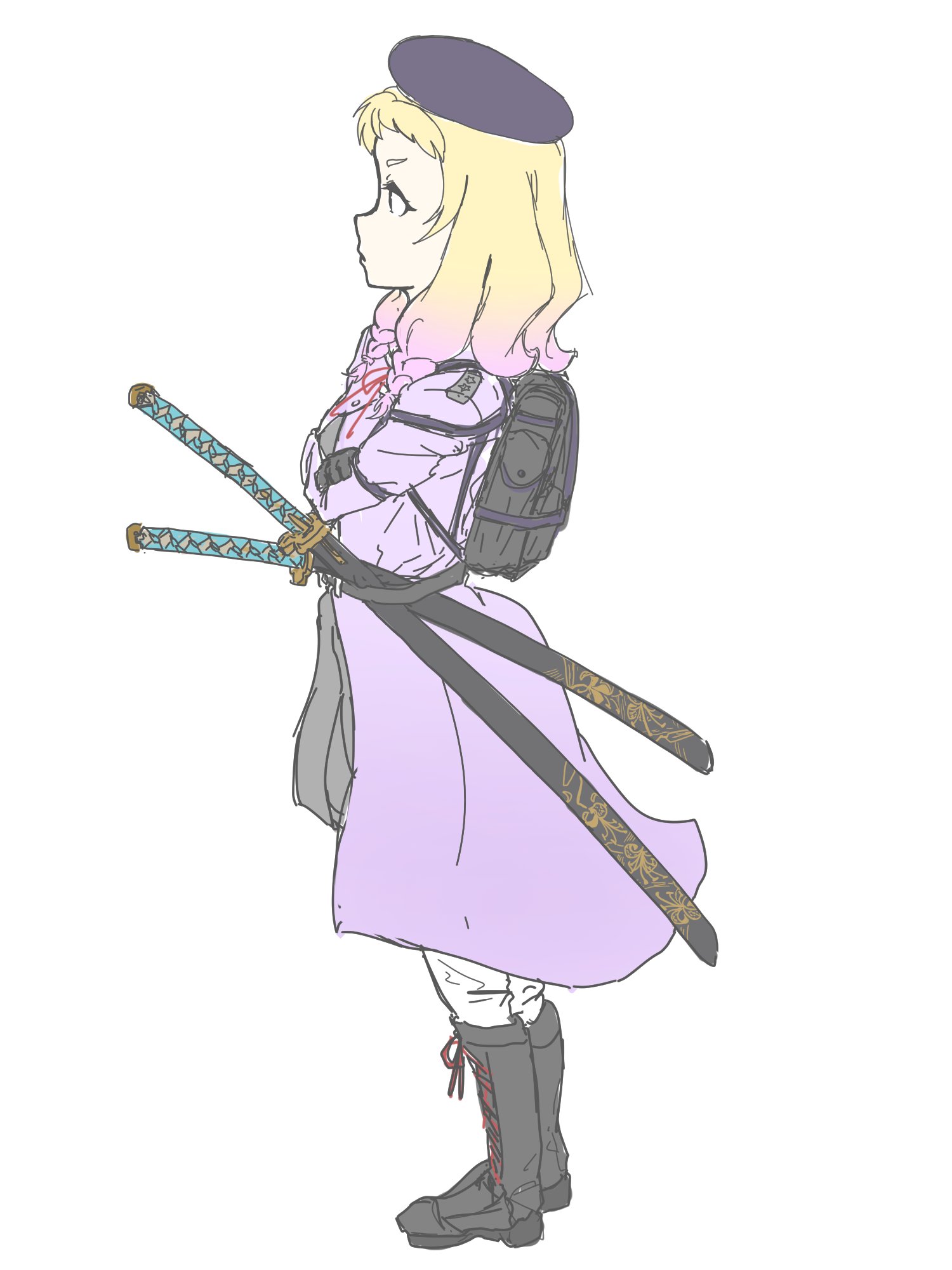 necosaghi, onitsuka natsumi, love live!, love live! superstar!!, commentary request, highres, 1girl, aspire (love live!), backpack, bag, beret, black bag, black boots, black hat, blonde hair, boots, braid, dress, from side, gradient hair, hat, katana, lace-up boots, long hair, looking ahead, low twin braids, medium dress, multicolored hair, multiple swords, pink hair, profile, purple dress, short bangs, solo, sword, twin braids, v-shaped eyebrows, weapon