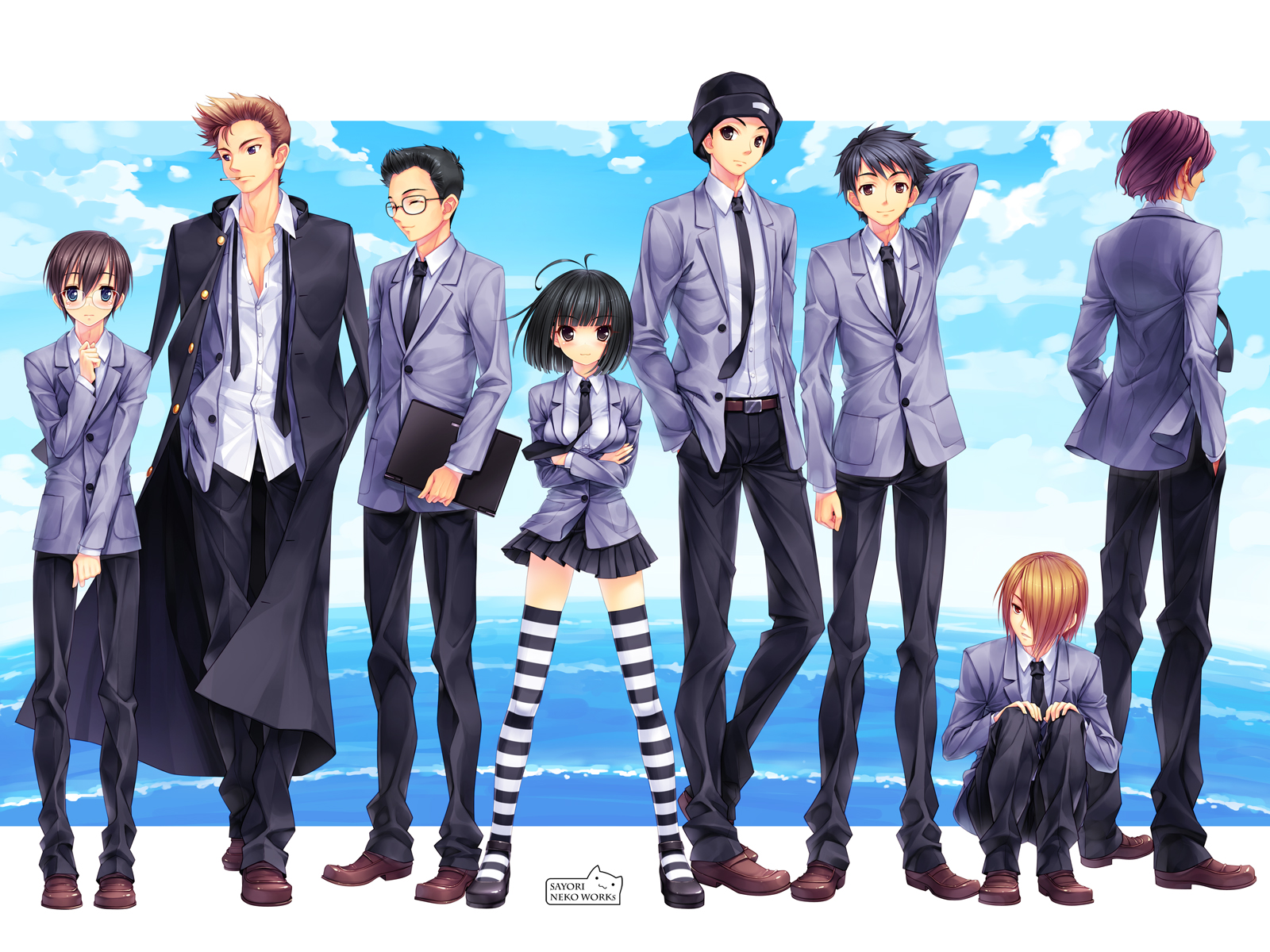sayori (neko works), sayori (sayori (neko works)), original, bad id, bad pixiv id, highres, 1girl, 6+boys, cigarette, glasses, lineup, male focus, multiple boys, school uniform, skirt, smile, smoking, striped clothes, striped thighhighs, thighhighs